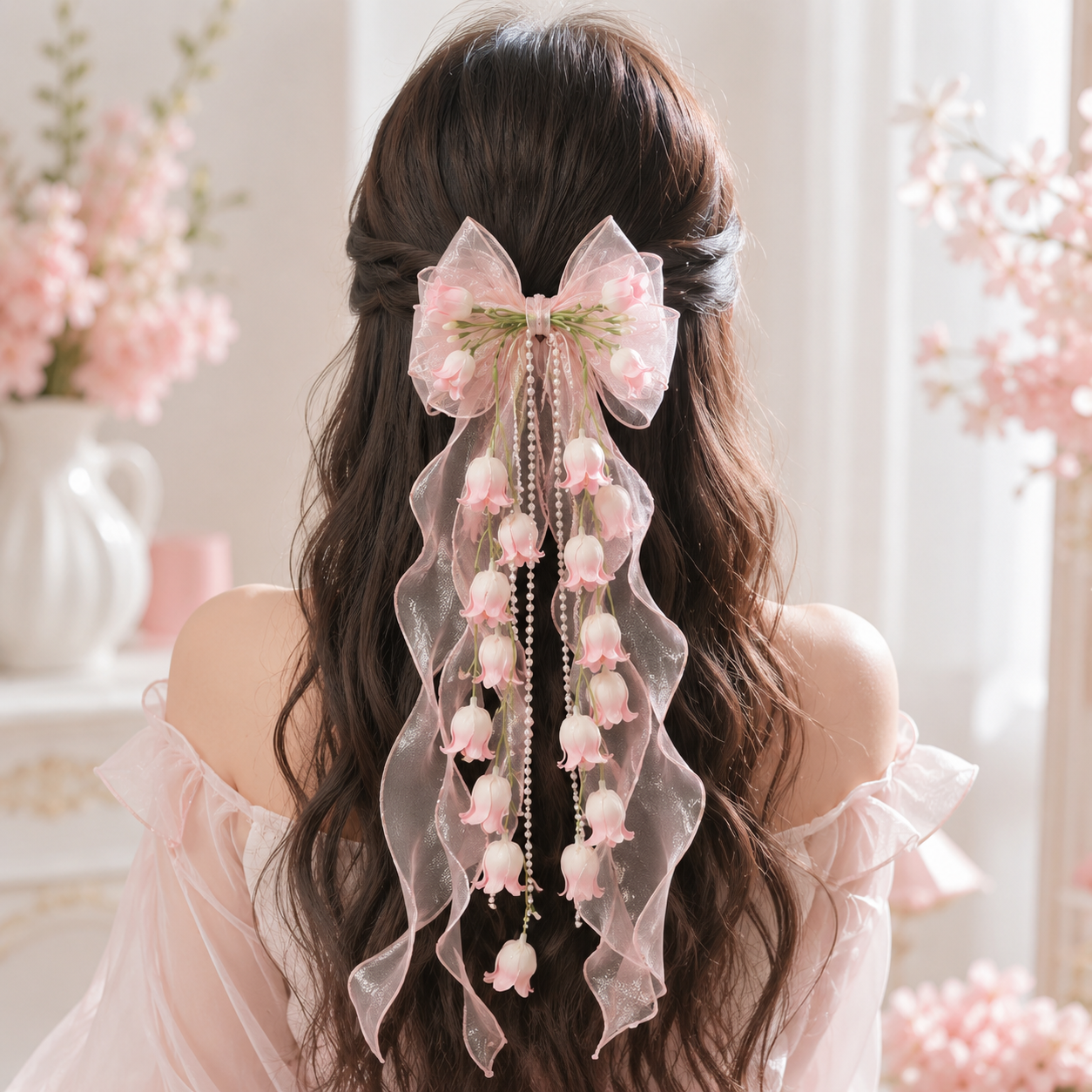 Fairy Floral Bow Hair Clip Organza Ribbon Hair Accessory with Flower Tassels for Girls Women Party Wedding
