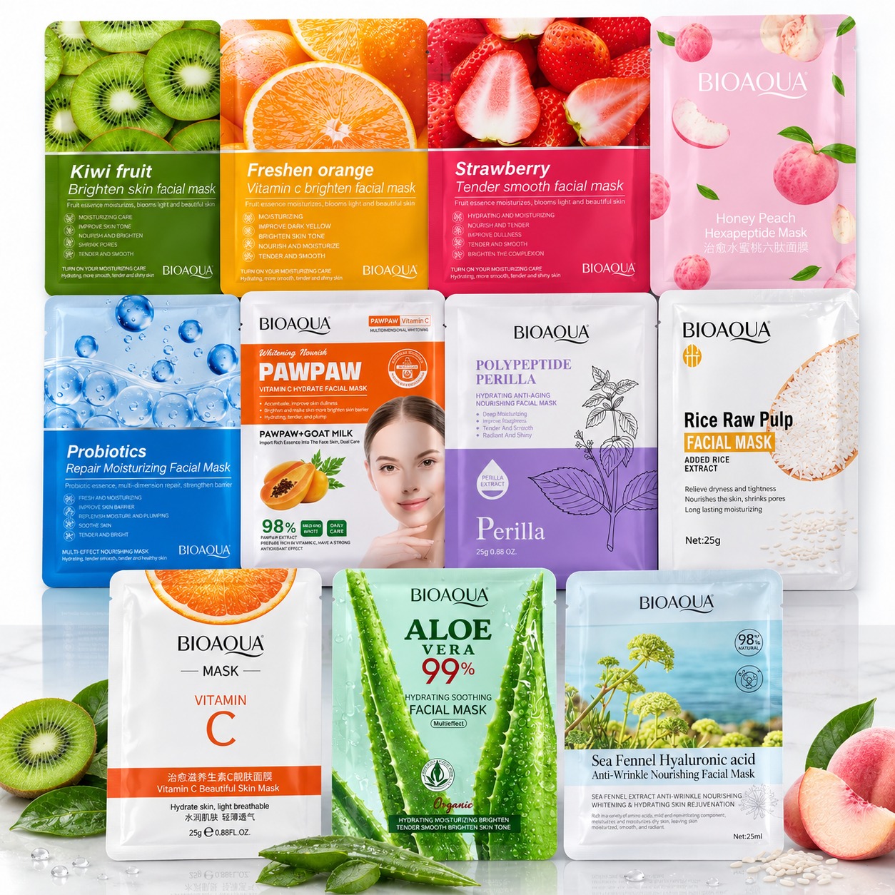 BIOAQUA Fruit Extract Facial Sheet Mask Moisturizing Brightening Hydrating Face Mask Set with Blueberry Green Tea Orange Strawberry Kiwi (Pack of 5)(Random)
