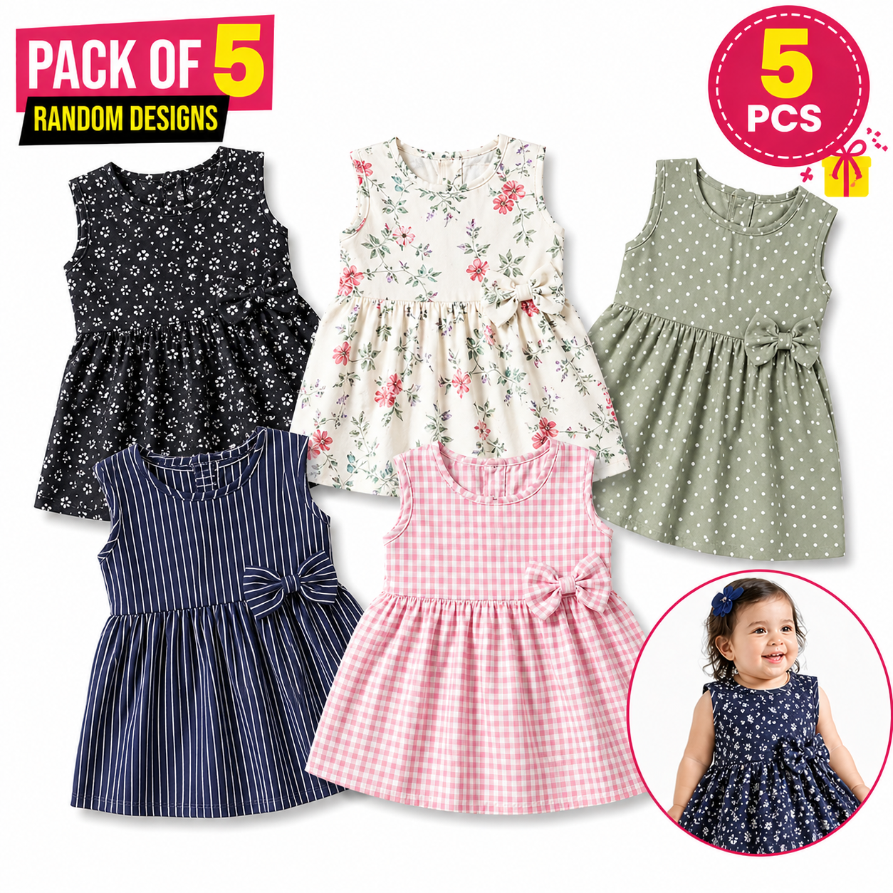 Pack of 5 Baby Girl Frock Random Design Cotton Baby Dress for Girls Newborn Infant Toddler 0-4 Years Cute Stylish Baby Girl Clothes Soft Comfortable Kids Frock Set Latest Baby Girl Frock Dress Summer Casual Party Wear Baby Girl Clothing Bundle Value Pack