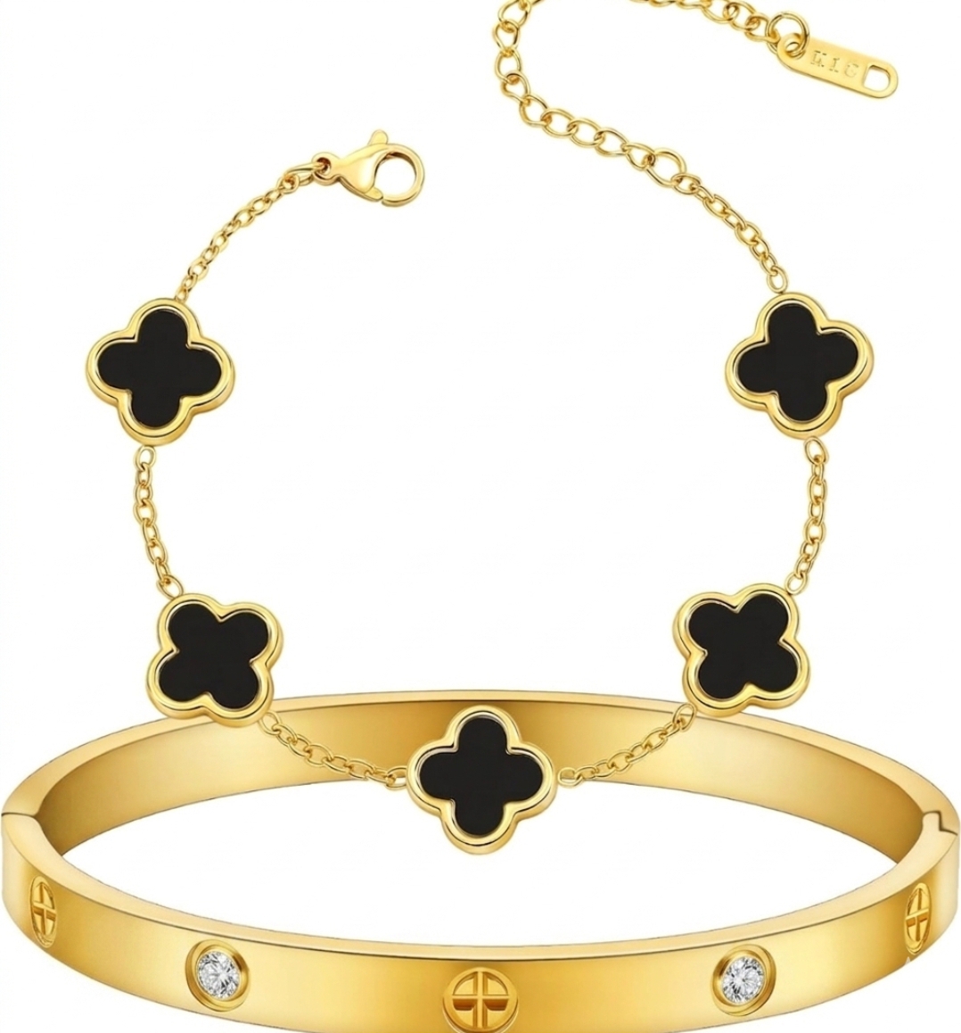 Stainless Steel 2-Piece Bracelet Set for Women – Clover & Bangle Design – Modern Style – All Season, Multicolors