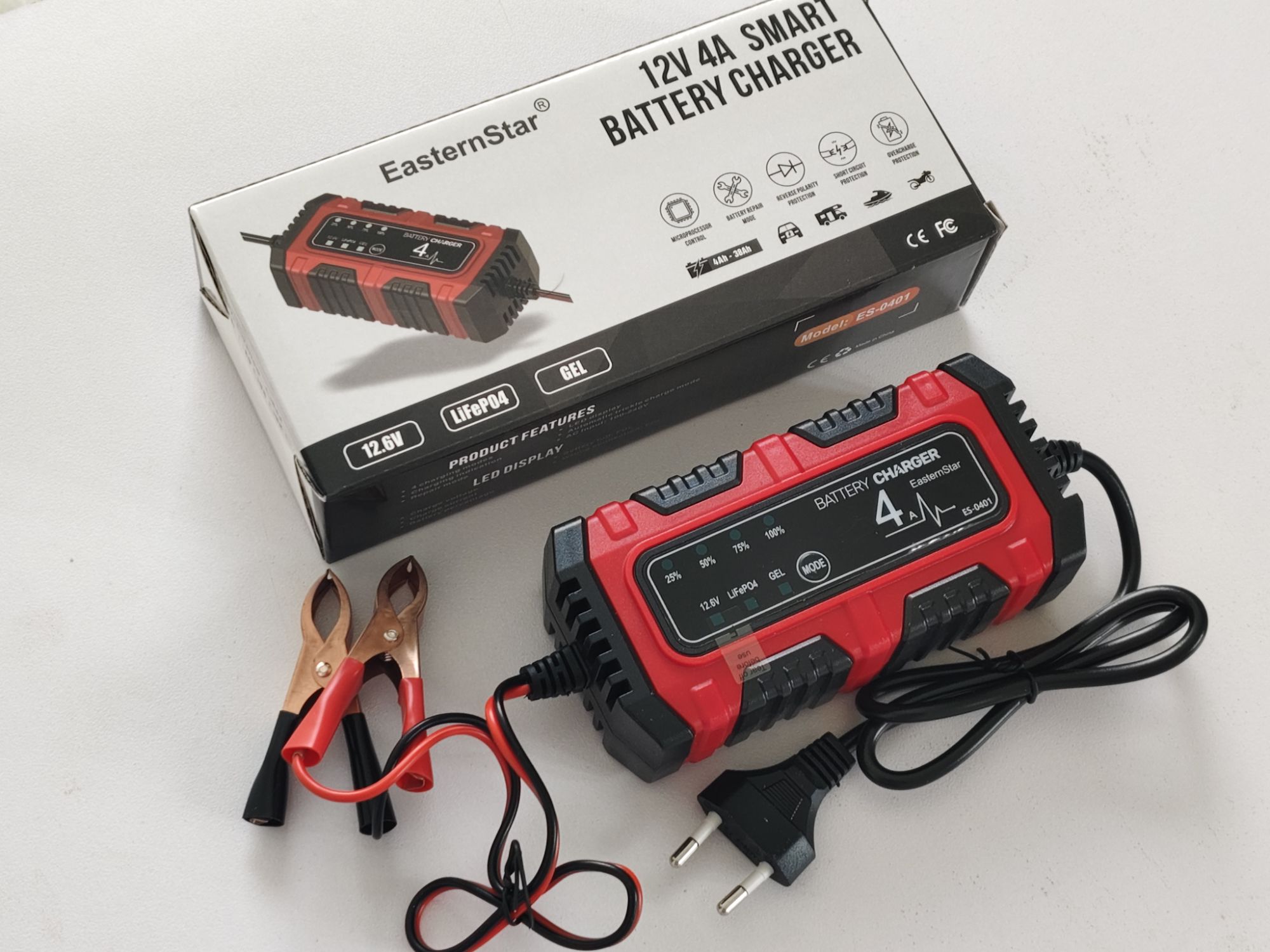 Original Eastern Star 12V 4A Automatic Battery Charger Smart LED Indicator for Lithium ion , LiFePO4 , Lead Acid , AGM Dry Gel Battery Universal Charger for Car Motorcycle UPS Solar Toy Car DC Fan Battery