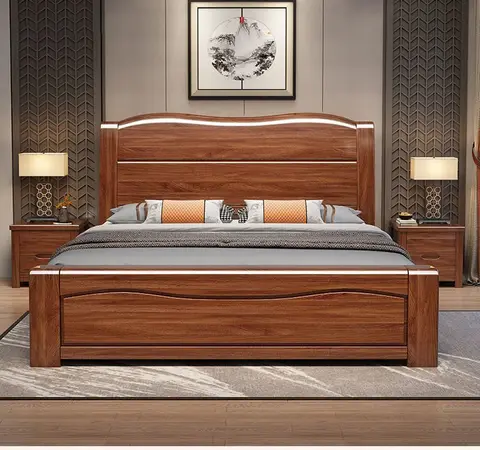 Elegant Chinese Solid Wood king Size Bed with 2 Side Tables & One Sided Under storage