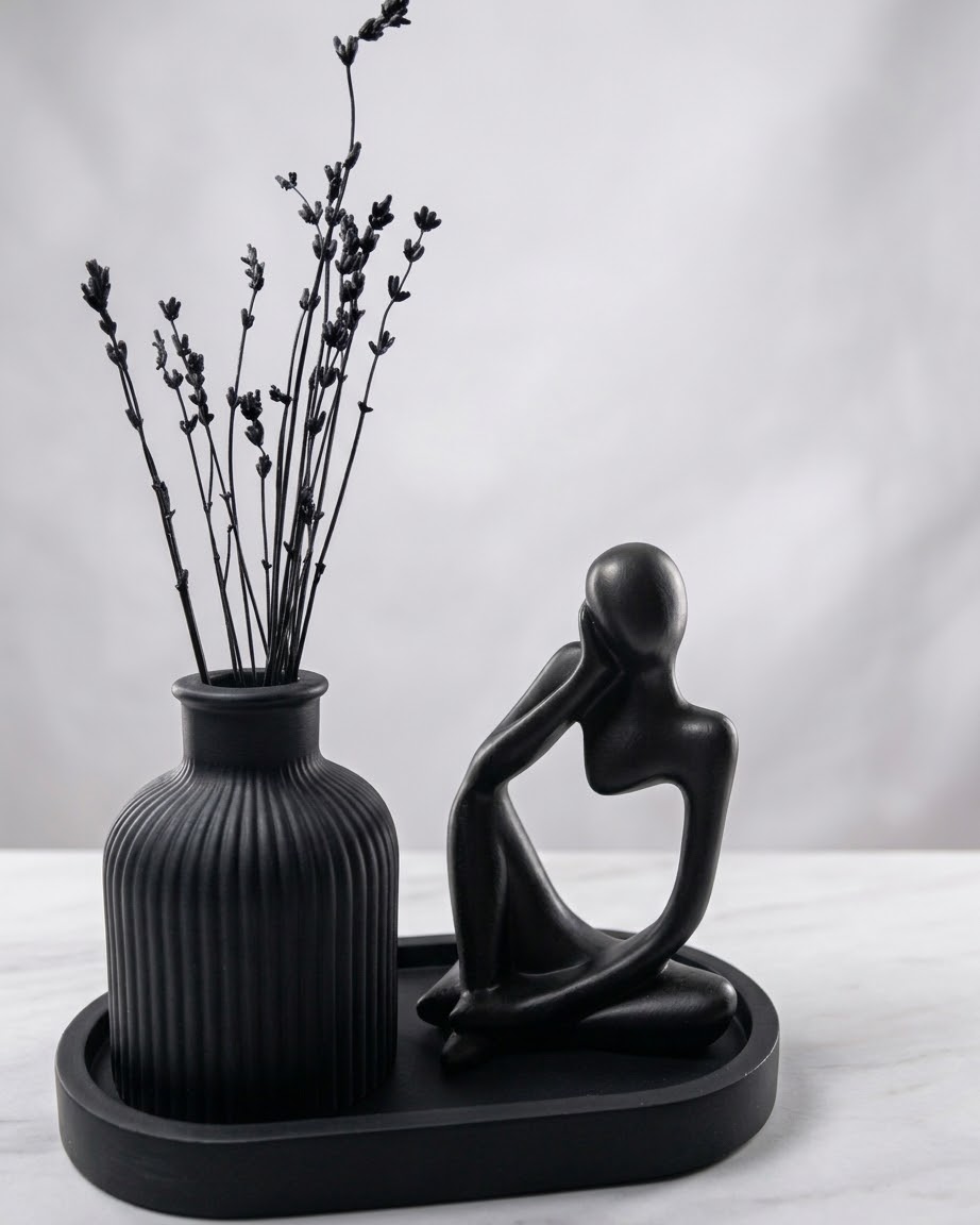 Set of 3 Home Decor Showpiece – Thinker Statue + Mini Vase + Oval Tray | Cement & Gypsum | Gift for Home, Office
