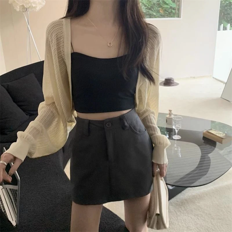 Fashion Hollow Out Sunscreen Cardigan Women Lantern Sleeve Thin Short Knitted Cardigans Woman Elegant Simple Crop Smock Top