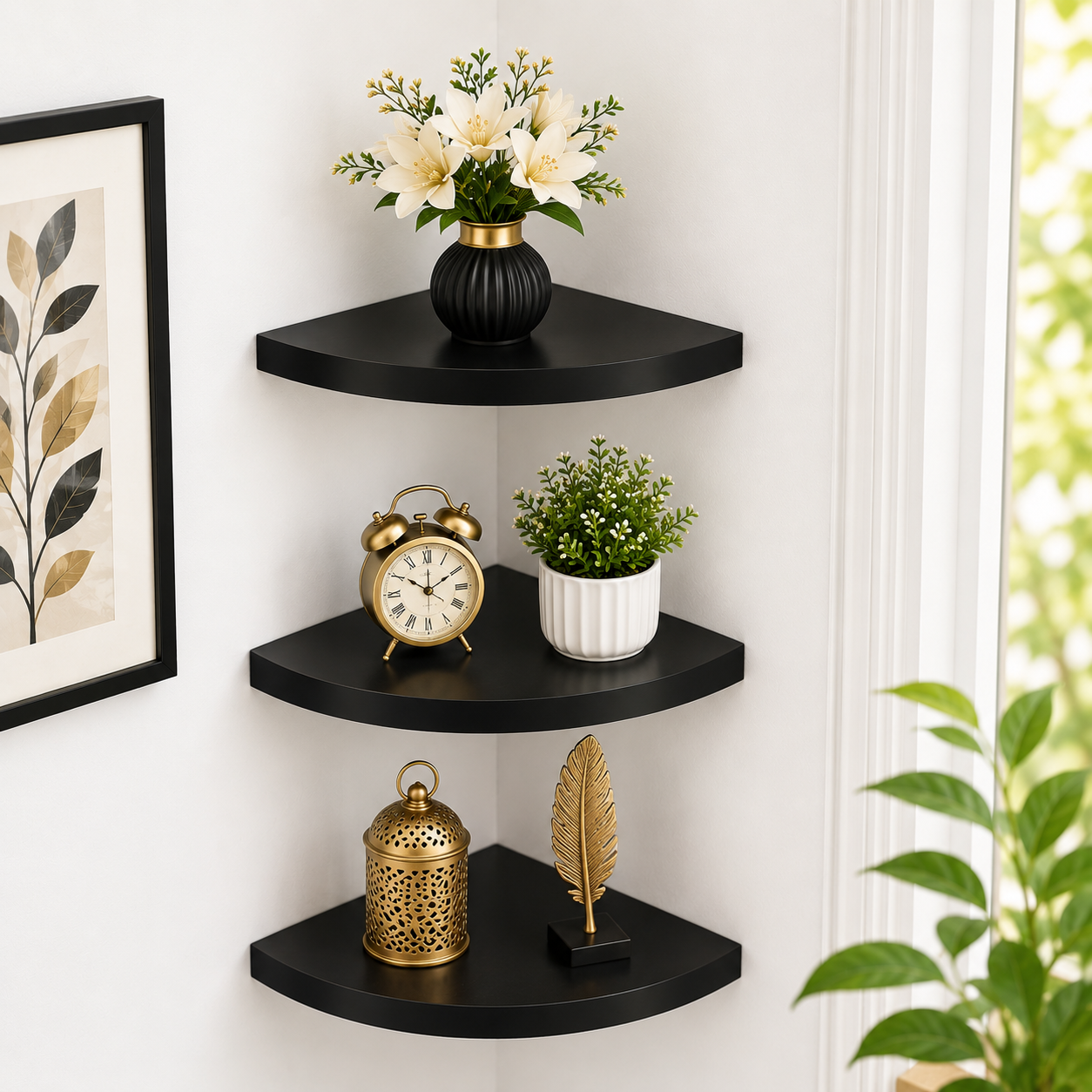 3-Tier Wooden Corner Wall Shelf | Floating Display Rack | Home & Office Decor |