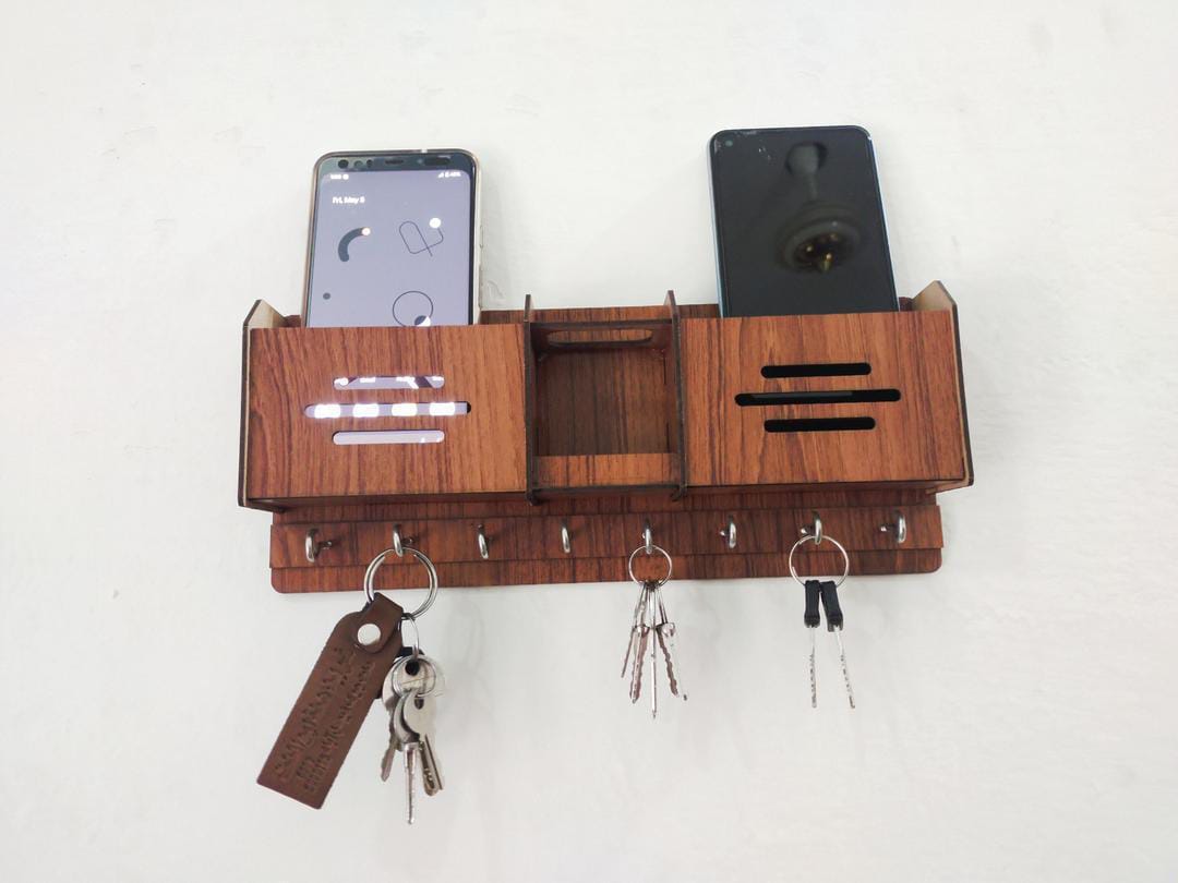 Multi-Function Wooden Key Rack Wall Organizer with Mobile Charging Stand