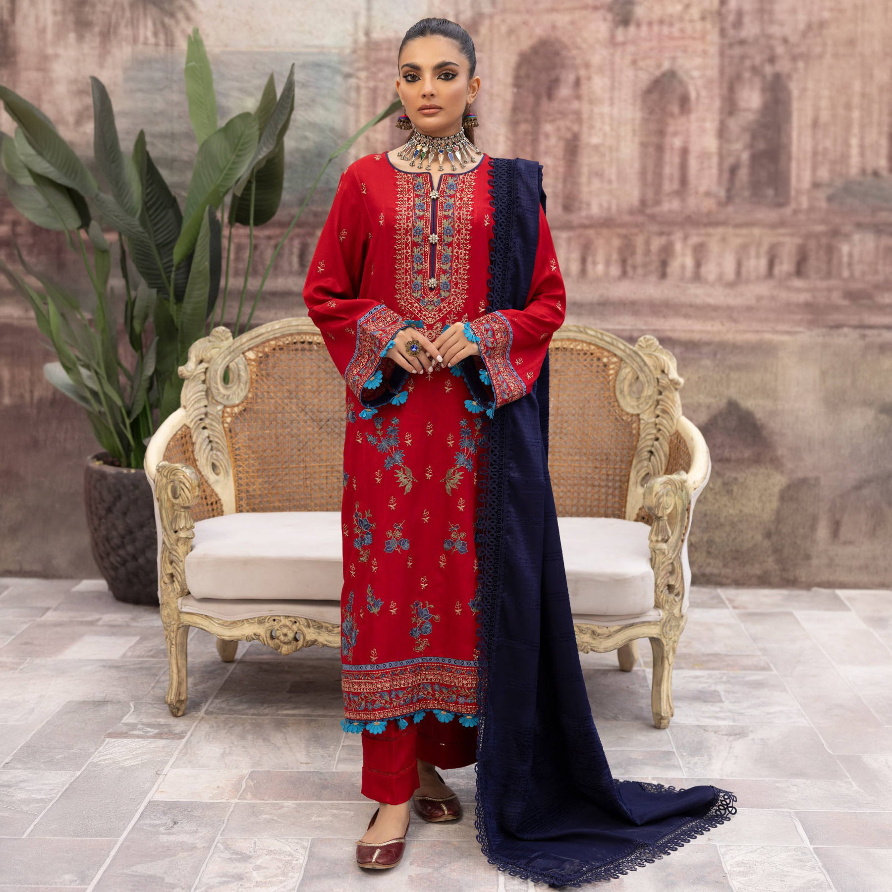Kleren 3 Piece Unstitched or Stitched Luxury Embroidered Dhanak Suit for Women with Embroidered Dhanak Shirt, Plain Dhanak Trouser and Wool Palachi Shawl - Winter Collection 2026 - Design code : Dhanak DH-31