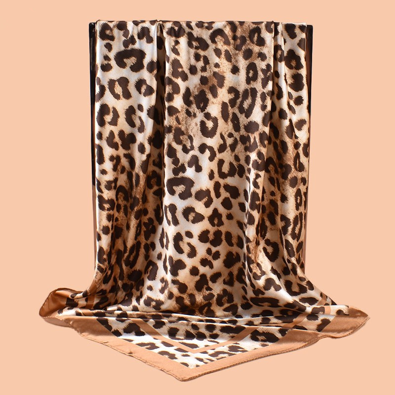 Luxury Leopard Print Female Satin Neck Scarf Square Hair Scarves Foulard Head Band Shawls Wraps Neckerchief Bandana Women 90cm