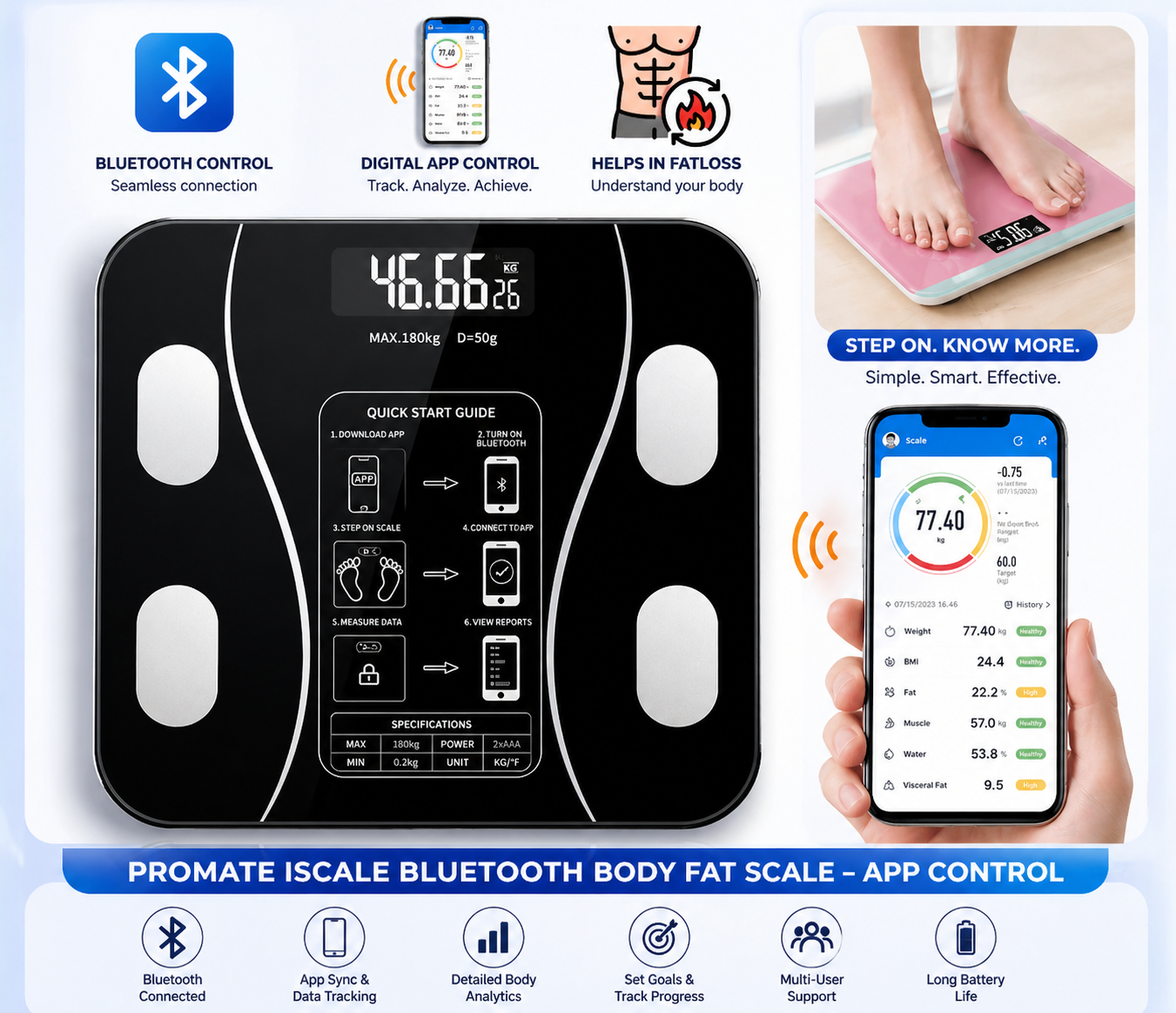180 Kg Digital Weight Machine Weighing Scale with Bluetooth Body Fat for Human Body Weight Smart LED Scales Weight, Bathroom Scales Electronic for Household, Personal Scale Fitness Temperature Measure