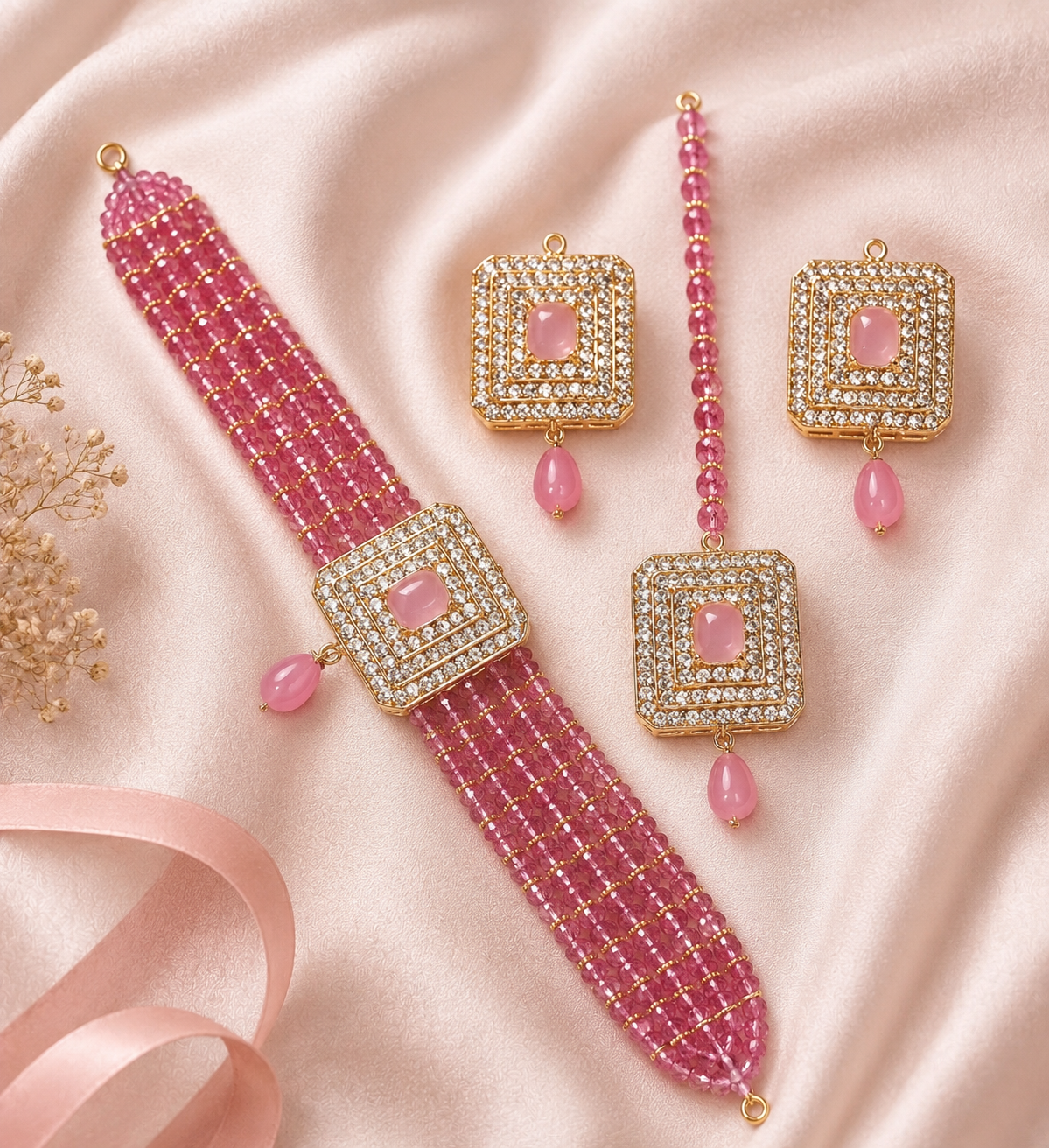Baby Pink Color Luxury 5-Layer Crystal Choker Jewelry Set | Necklace, Earrings & Tikka