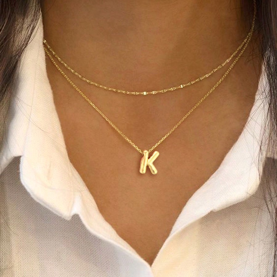 Dainty Bubble Letter Necklace Initial Gold Plated Stainless Steel Lip Chain Layered Ballon Necklaces For Women Jewelry 
