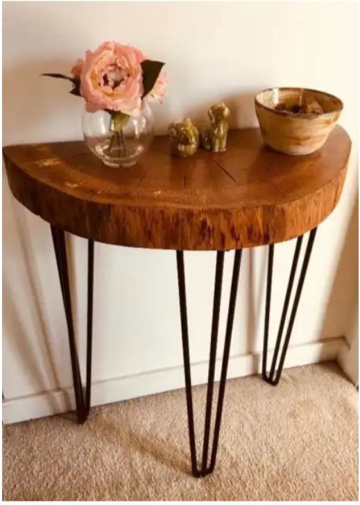 Half Moon Wooden Console Table with Hairpin Legs – Rustic Entryway Table, Modern Sofa Side Table, Handmade Live Edge Hallway Stand, Decorative Wooden Accent Furniture