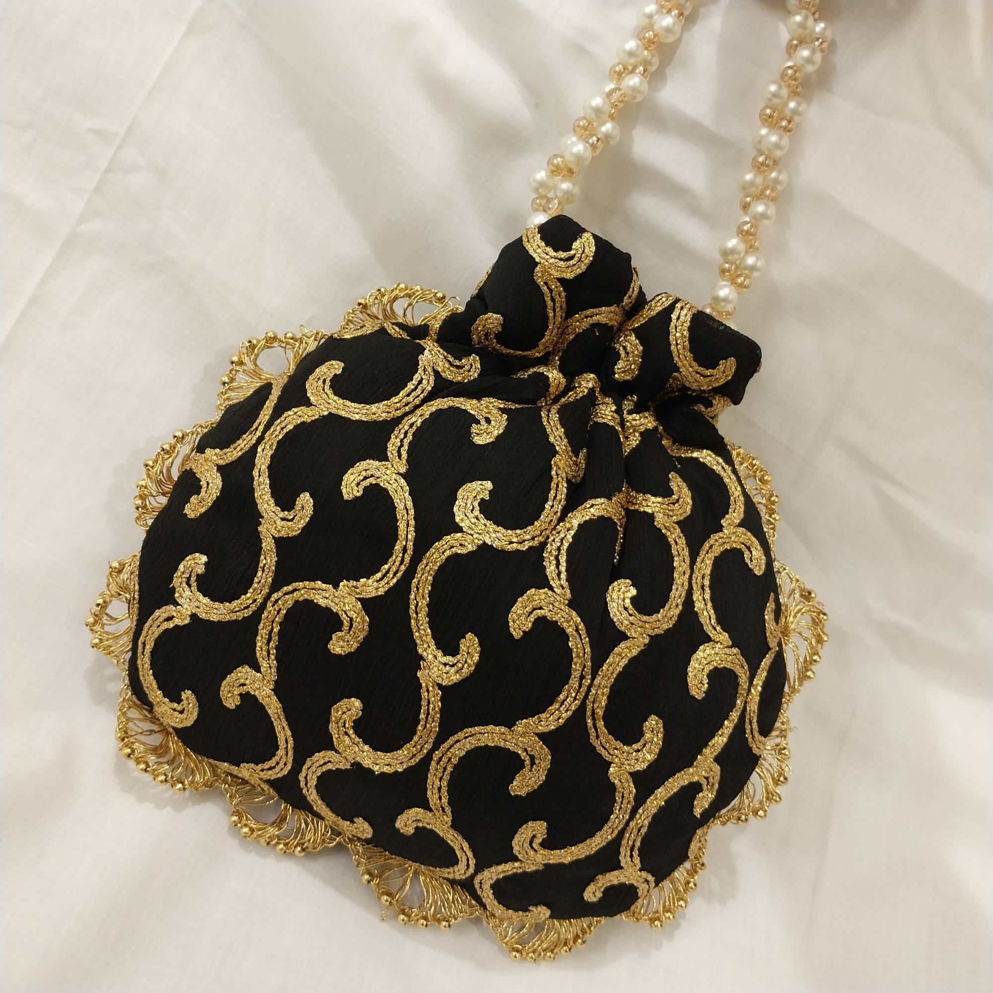 Embroidered Potli Clutch Bag with Pearl Handle for Party Wear