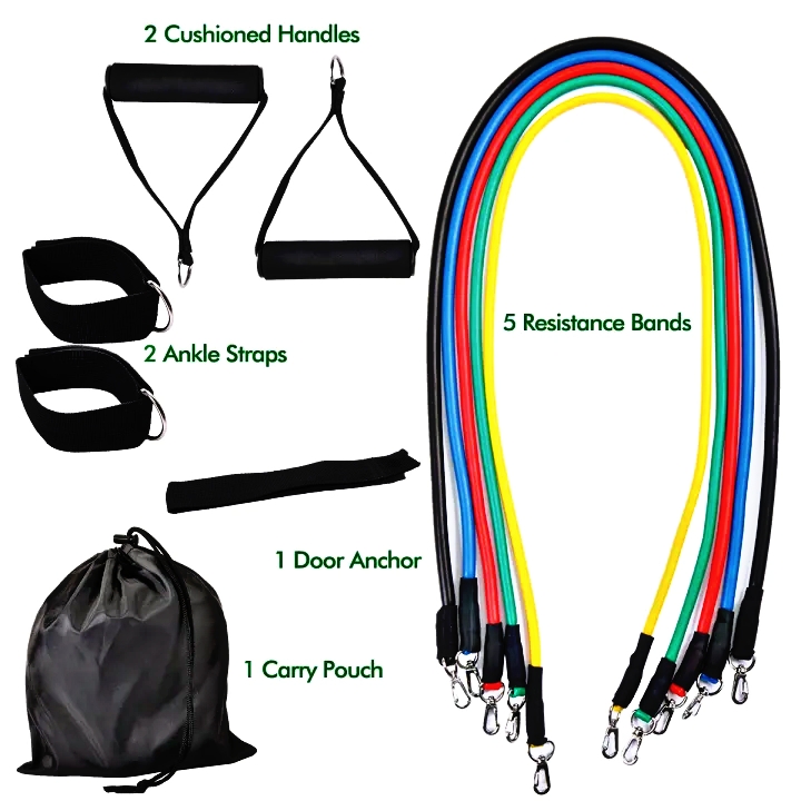 11 PCS Latex Resistance Band Set for Yoga Pilates & Abs - Home Gym Fitness Workout Equipment with Door Anchor & Ankle Straps - Heavy Duty Elastic Pull Rope Chest Expander - Tummy Trimmer for Weight Loss Belly Fat Burner & Stretch