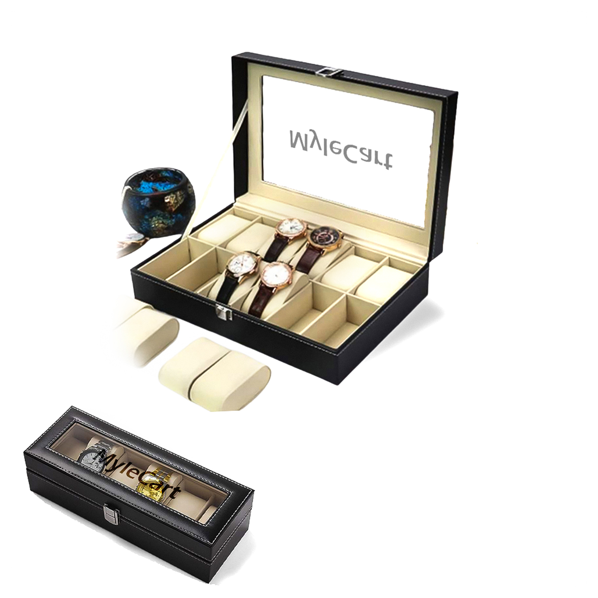 Myle Cart Watch Storage Organizer Box 3/6/10/12 Grids PU Leather Display Case for Watches & Jewelry, Black
