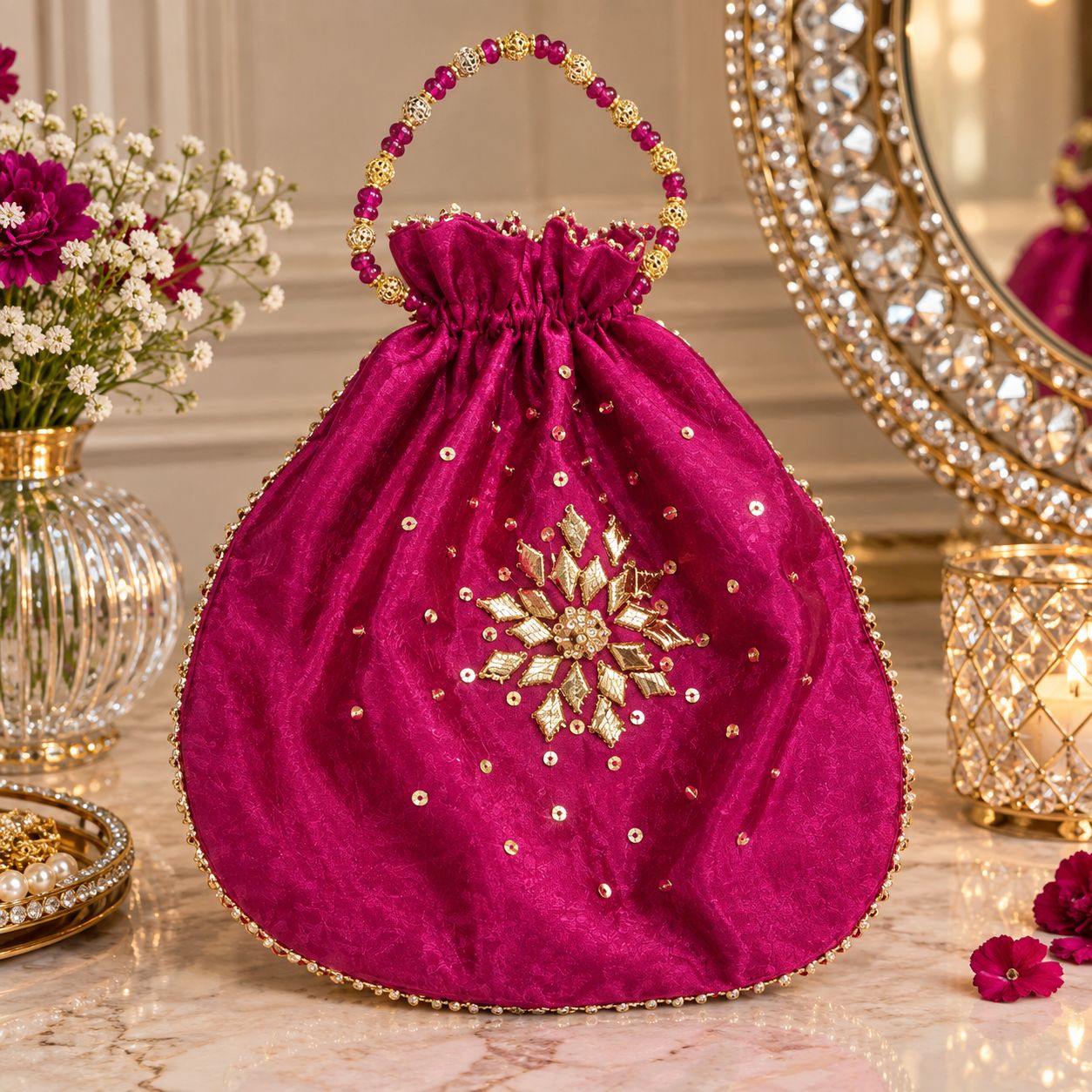 Fancy embroidered clutch/potli bag for wedding parties designer traditional potli gol bag with Handmade Gota work