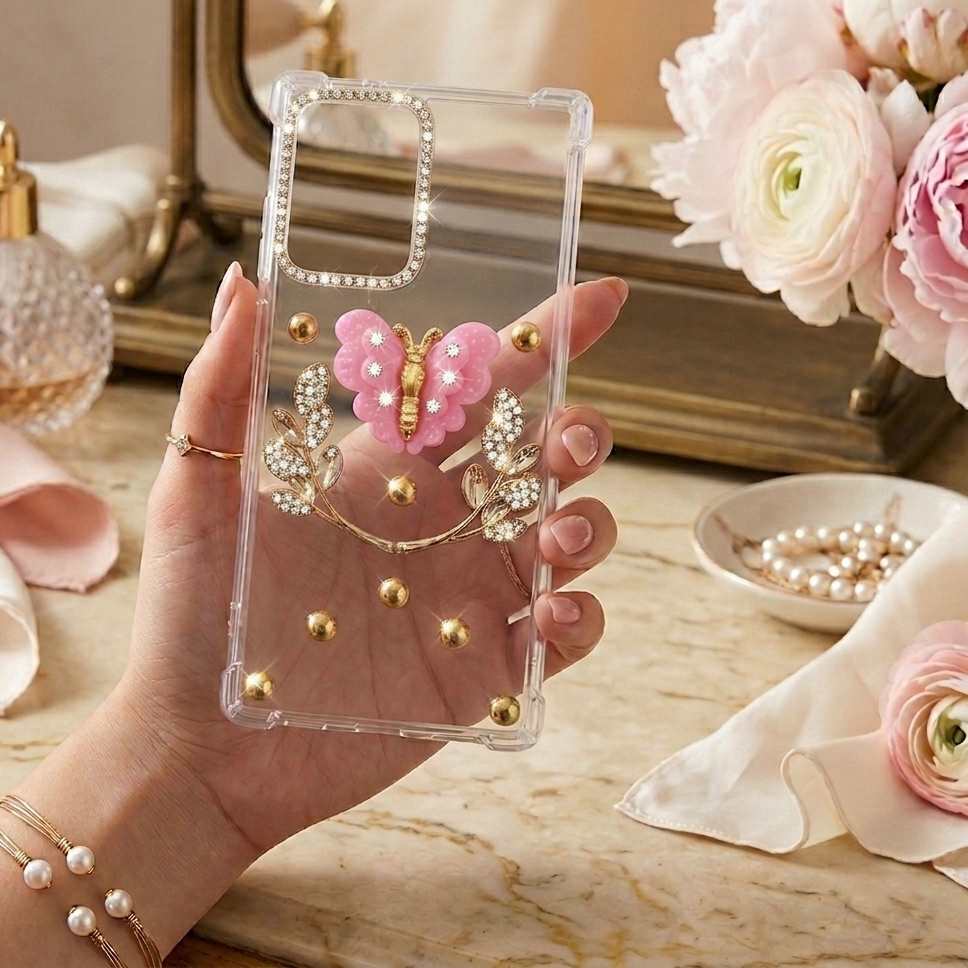 Oppo A54 Cover for Girls - Ladies Fancy Back Cover  -   LeafPinkButterFlyCZN - Stylish Fancy Girls Mobile Back Cover Pouch Case - Leaf Stones & Diamond Pink Butterfly - OppoA54