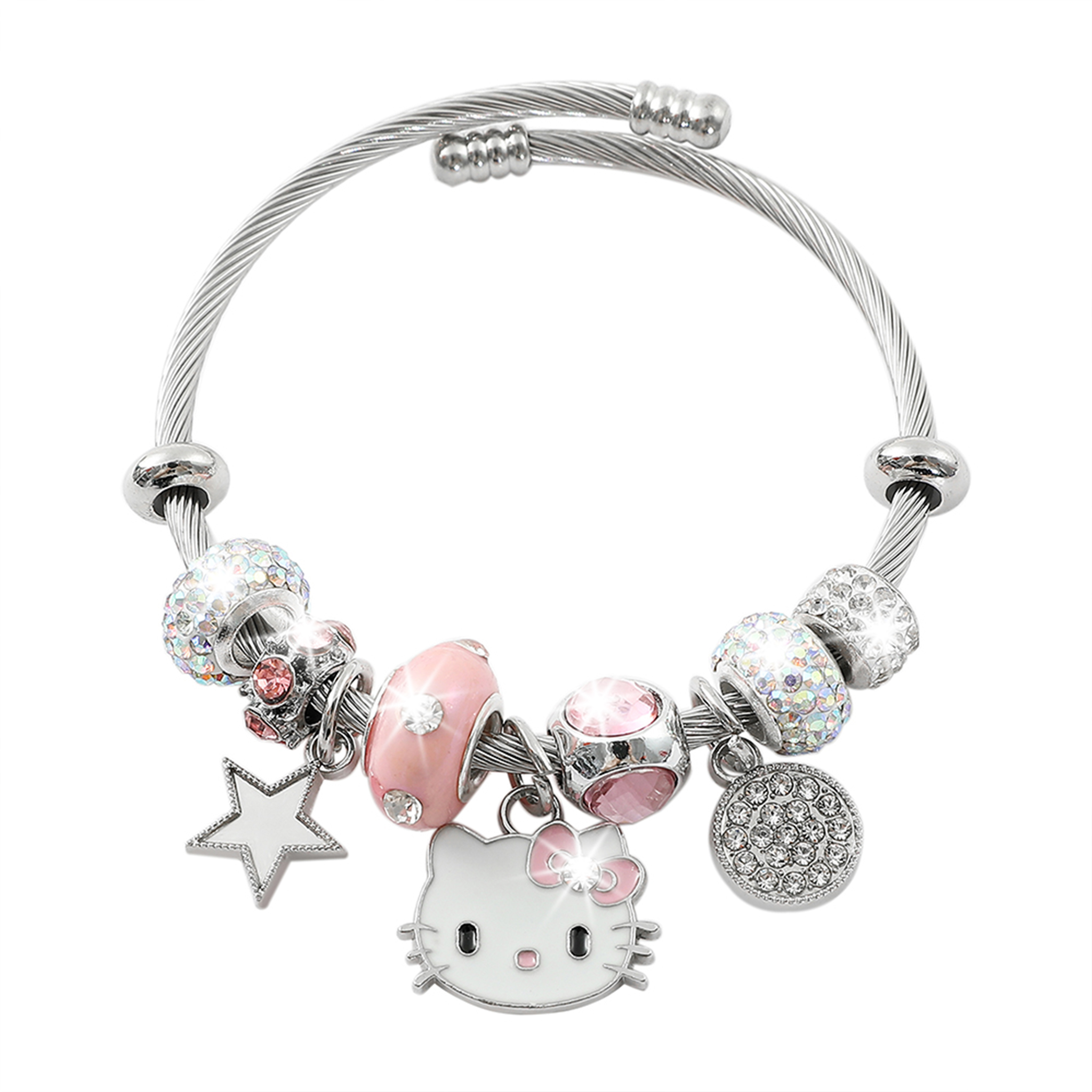 Pink Hello Kitty Zinc Alloy Charm Bracelet - Adjustable Wire Bangle, Sparkling Rhinestone Accents, Kawaii Fashion Accessory