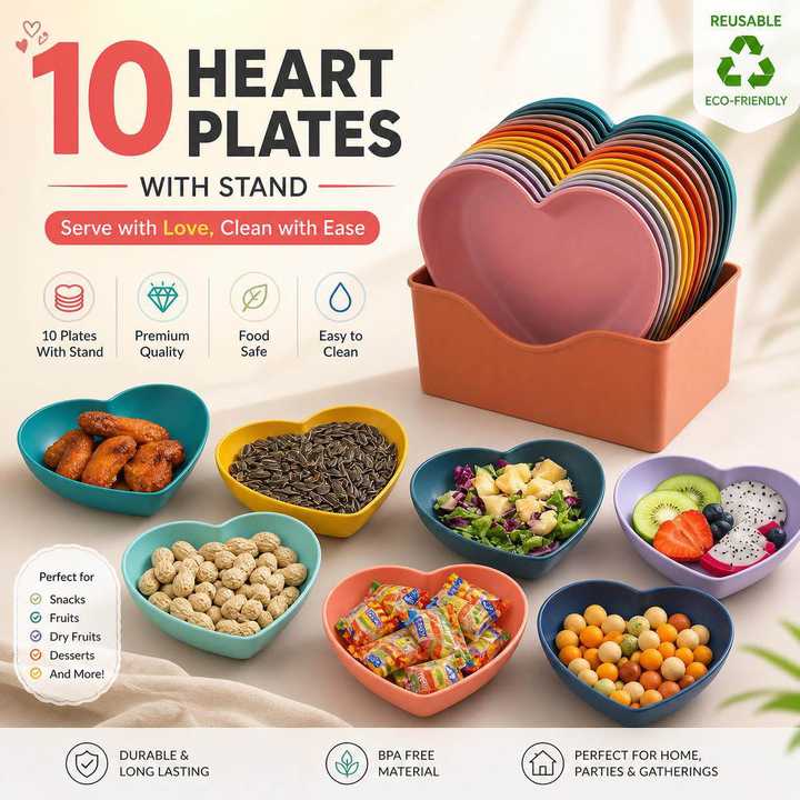10 Pcs Heart Shape Plate Set | Reusable Heart Shaped Serving Plates for Party & Dessert