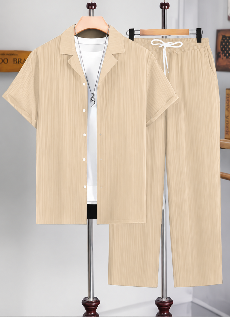 Deals Swag|Men Textured Co-Ord Set Short Sleeve Shirt and Trouser Summer Outfit Casual Two Piece Matching Set