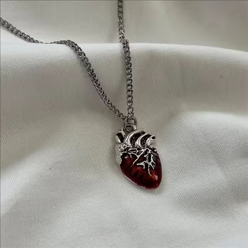 New Anatomical Red Heart Necklace Y2k Grunge Jewelry Dainty Silver Color Tonebloody Red Human Heart Pendant personalized 