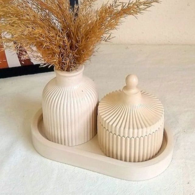 3 Pcs Set of Home Decor  1x Ribbed Concrete Mini Flower Vase, 1x Ribbed Concrete Trinket Jewellery Storage Box & 1x Oval Shaped Concrete Trinket Tray  Storage & Organisation  Decorative Accents  Jewellery Armoires & Boxes  Gift Sets