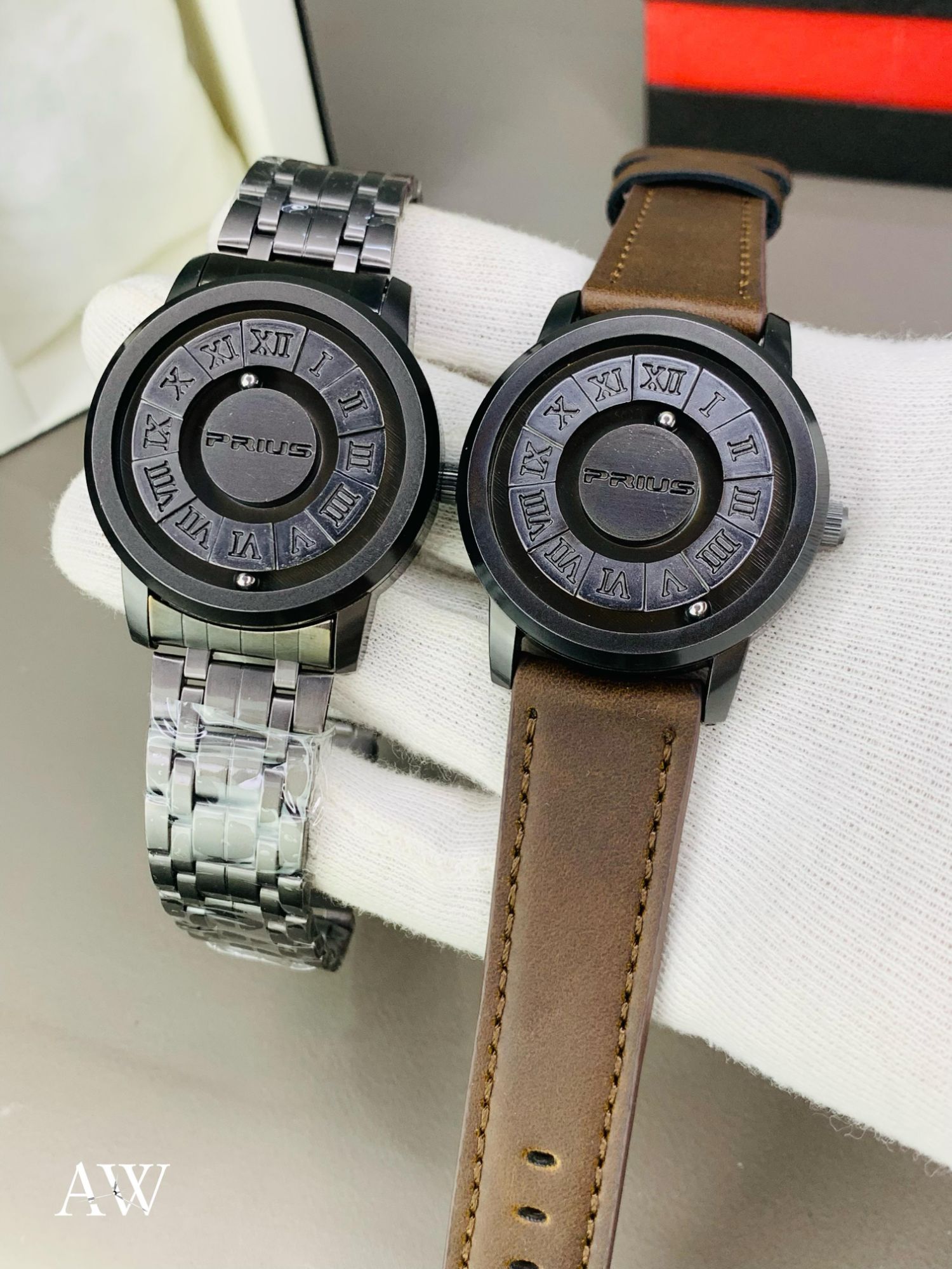 Trend Concept Magnetic Ball Watch Floating Pointer Mirror-less Dial Quartz Analog Watch for Boys/Men Roman Numeral Dial Waterproof Watch Leather Strap