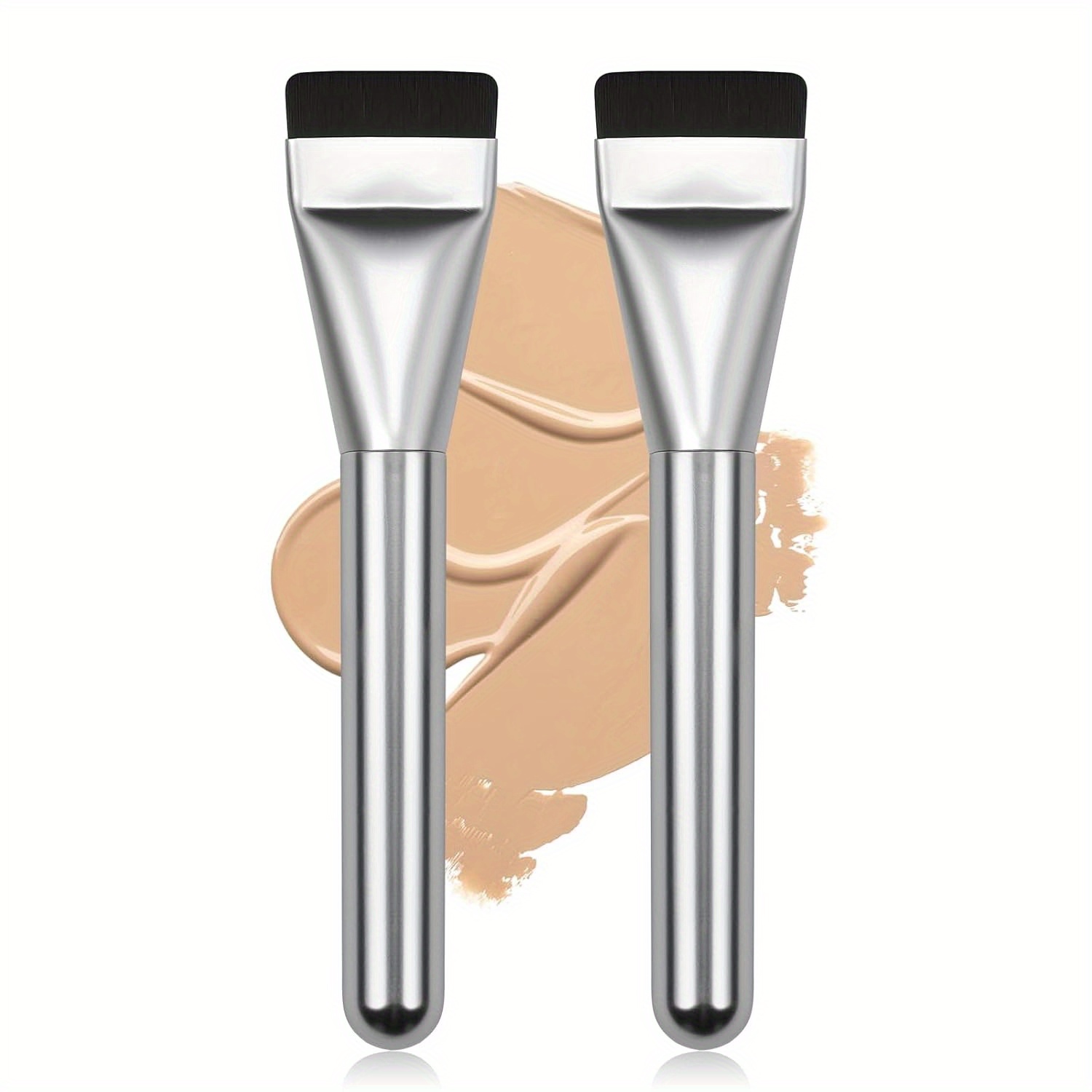 2-pack Silver Flat Head Foundation Brushes, Ultra-fine Bristles, Nylon Hair Makeup Tools, Suitable For Liquid Foundation