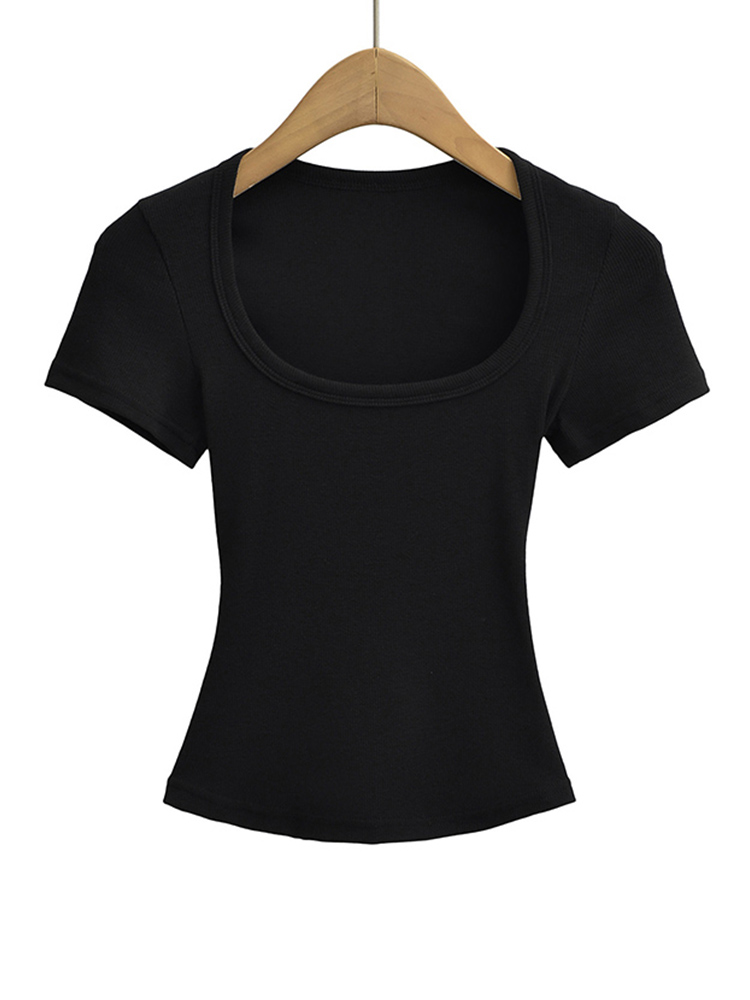 Women's Square Collar Slim Fit Crop Top High Stretch Short Sleeve Pullover  Summer Blouse T-shirt Bottoming