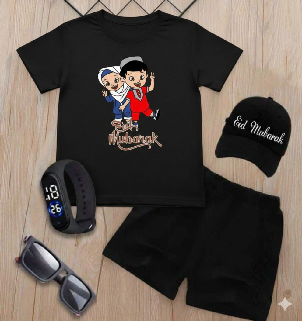 Pack of 5 Kids Eid Outfit Set | Printed T-Shirt, Shorts, Cap, Watch & Sunglasses | Eid Mubarak Dress for Kids