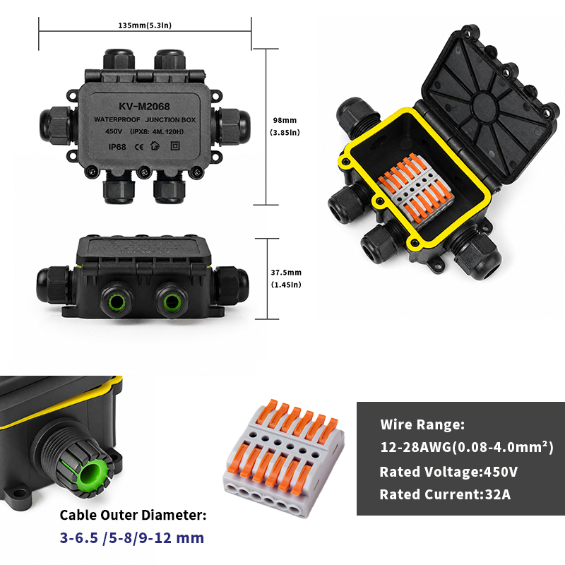 IP68 Waterproof Junction Box 2-8 Way 6 Pole Electrical Wire Connector 32A 450V 0.08-4.0mm² Cable Splice for Outdoor Lighting