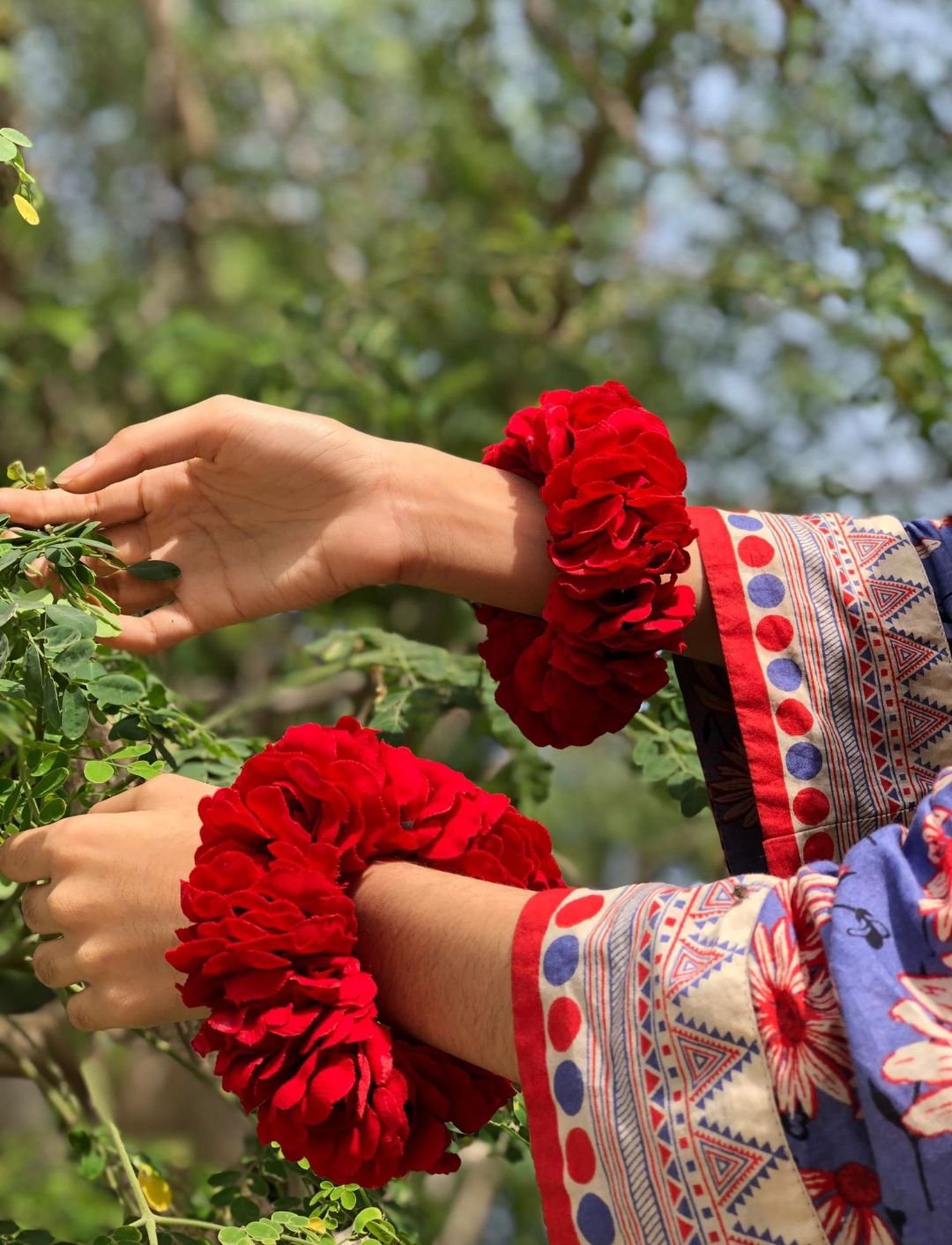 Artificial Flowers Hand Gajra Made with Red Velvet Fabric