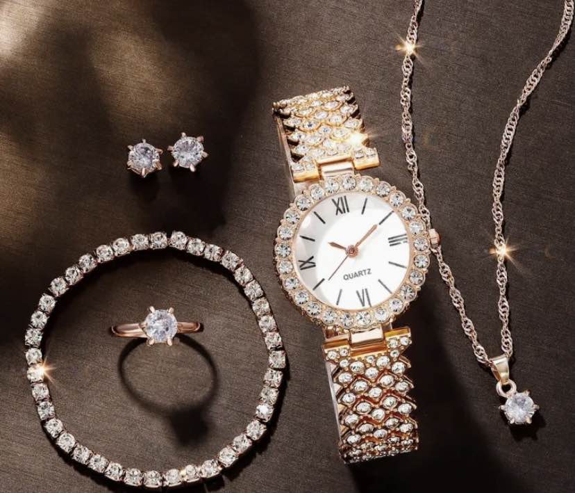 Jewellery For Women Girls Women's Fashion Trend Luxury  Rhinestone Roman Quartz Watch Rhinestone Necklace Ring Bracelet Best for Gift