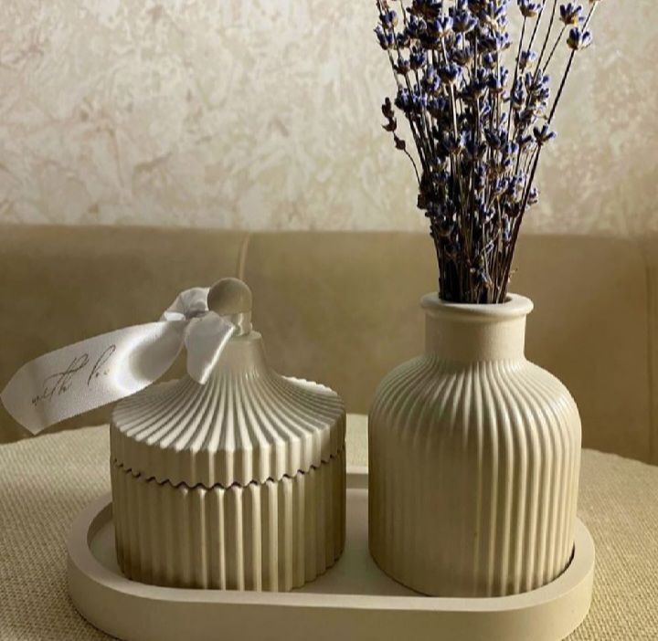 3 Pcs Set of Home Decor  1x Ribbed Concrete Mini Flower Vase, 1x Ribbed Concrete Trinket Jewellery Storage Box & 1x Oval Shaped Concrete Trinket Tray  Storage & Organisation  Decorative Accents  Jewellery Armoires & Boxes  Gift Sets