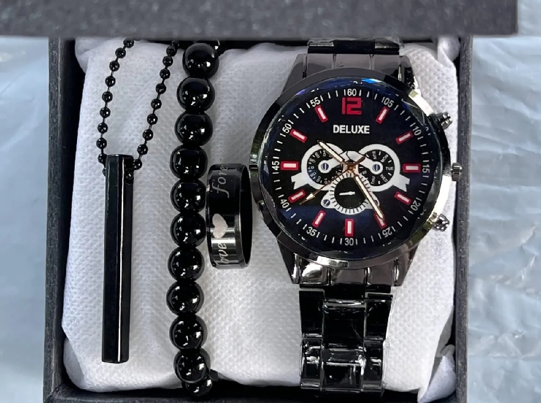 Pack of 4 Mens Silver Watch Set || casual watch set || smart watch || Watch Ring Braclete Chain price in Pakistan