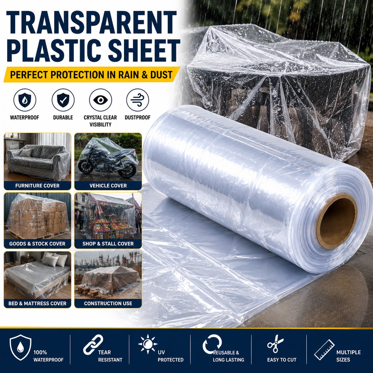 Transparent Plastic Sheet Roll Heavy Duty Waterproof Cover | Rain Dust Protection Sheet for Furniture, Luggage, Shops, Goods & Construction | Clear Plastic Roll