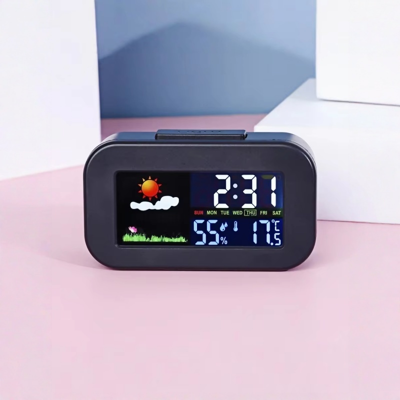 Mini Weather Forecast Digital Alarm Clock with Backlight Temperature Humidity Week Display Electronic LED Clock for Living Room
