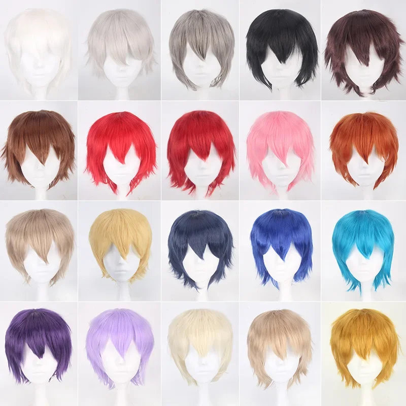 Men Women Synthetic Anime Cosplay Wig Short Straight Heat Resistant Multicolor Hair Costume Accessory