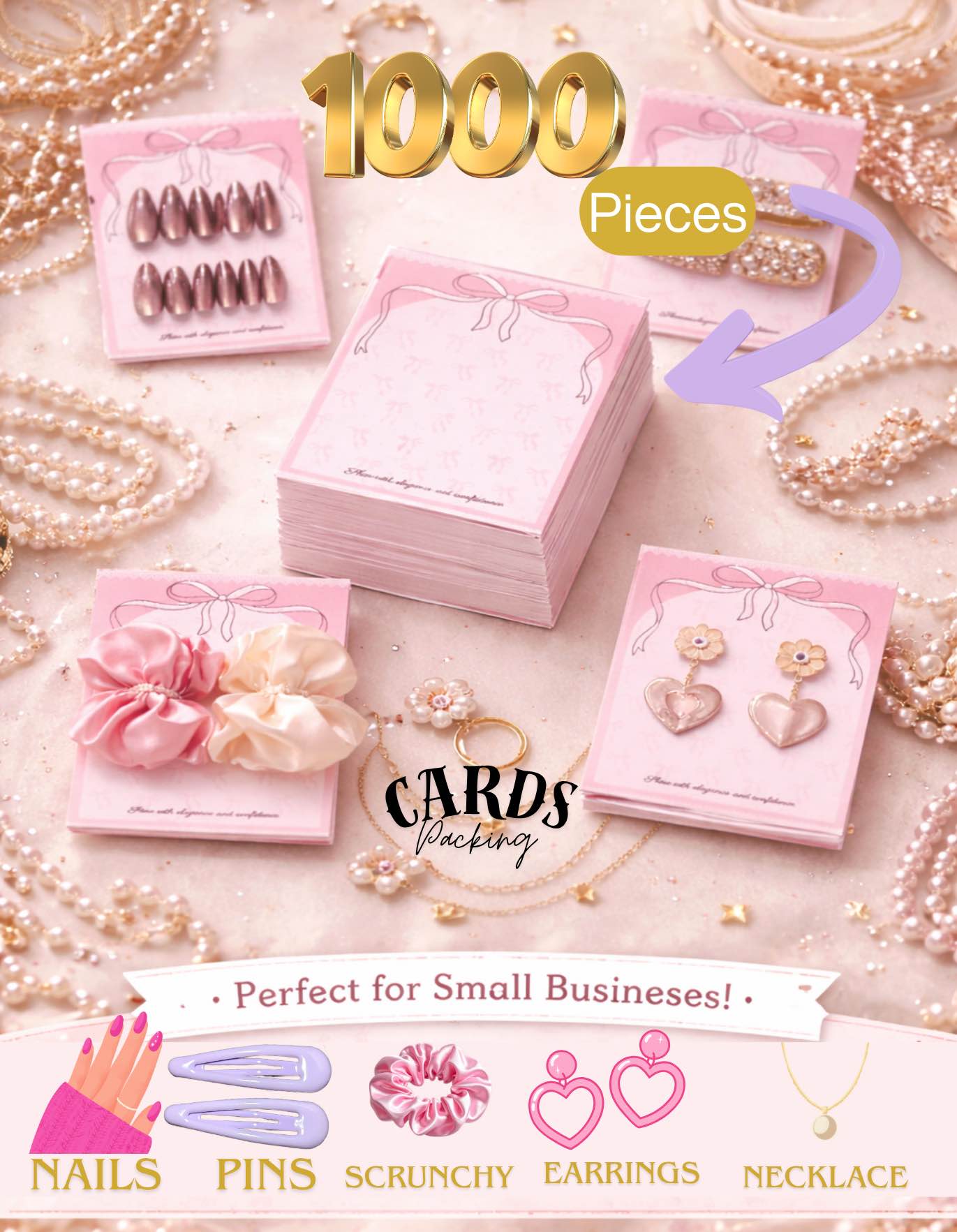 100 - 1000 Packing Cards for Small Business | Jewellery, Nails, Hair Accessories, Scrunchies Display Cards | 7.5x10cm Packaging Cardboard | Pack of 50, 100, 1000 | Packing Material for Small Business | aesthetic affordable wholesale price bulk packaging
