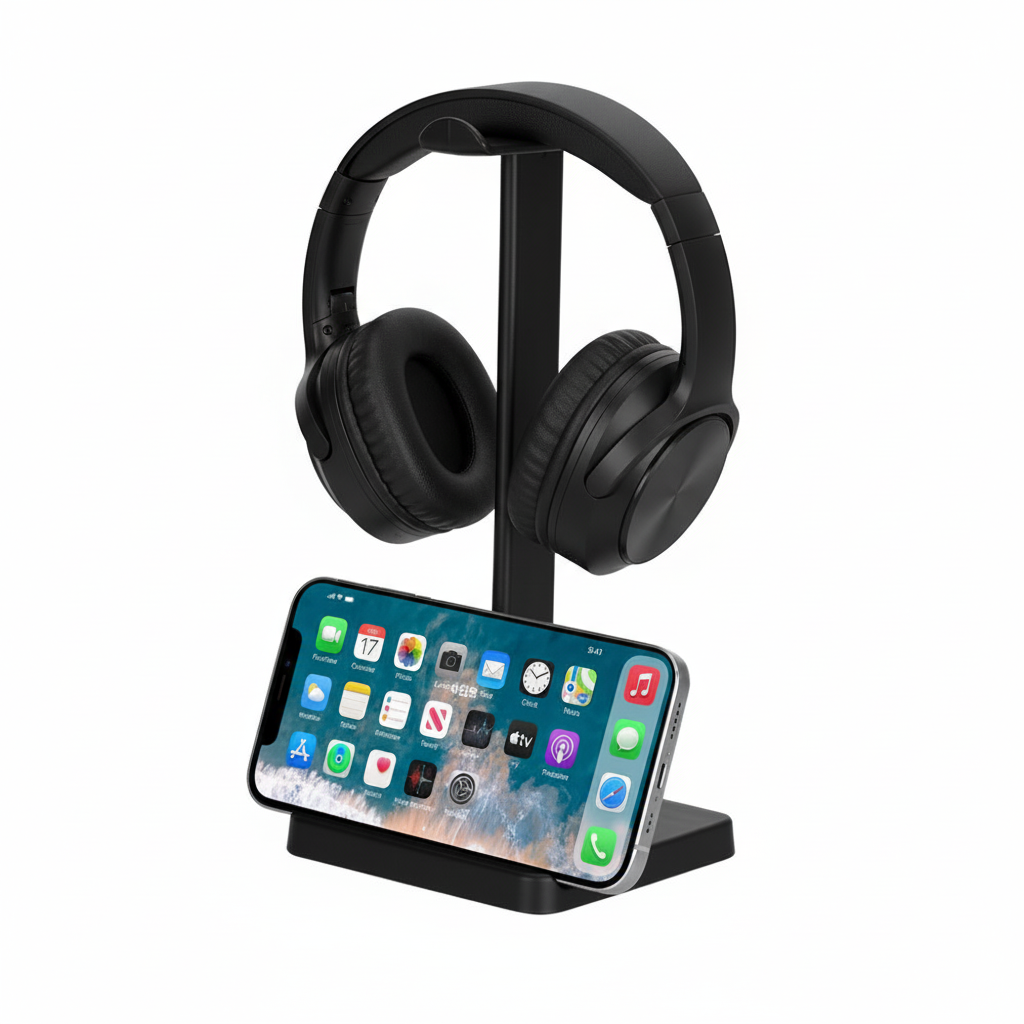 2in1 Universal Desk Mount Headphone Stand with Mobile Holder for Table -  Silicone Headset Support for Rgb Gaming and Non-Gaming Headphones - Black & White by FunBug