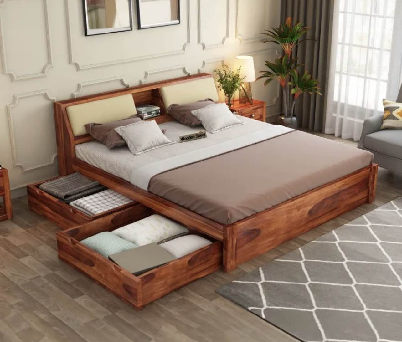 Walken Sheesham Wood Bed with Full Drawer Storage(King Size, Honey Finish)