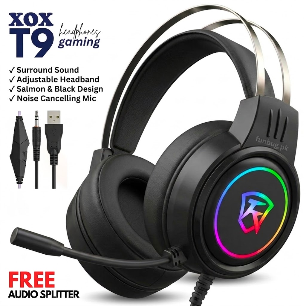 Original T9 Gaming Headphones with Noise Cancelling Microphone ~ Headset with Stereo Sound for Mobile, PC, Laptop, Computer, PlayStation4, Xbox ~ PS4 Headphone with Mic ~ USB & 3.5mm Wired Plug ~ By FunBug