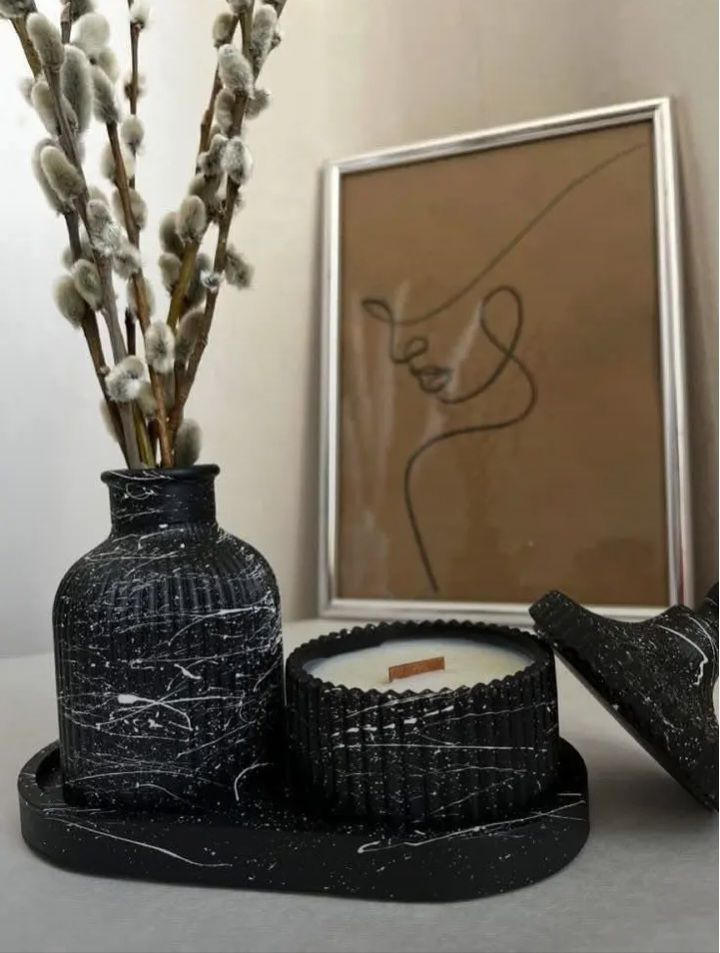3 Pcs Set of Home Decor  1x Ribbed Concrete Mini Flower Vase, 1x Ribbed Concrete Trinket Jewellery Storage Box & 1x Oval Shaped Concrete Trinket Tray  Storage & Organisation  Decorative Accents  Jewellery Armoires & Boxes  Gift Sets