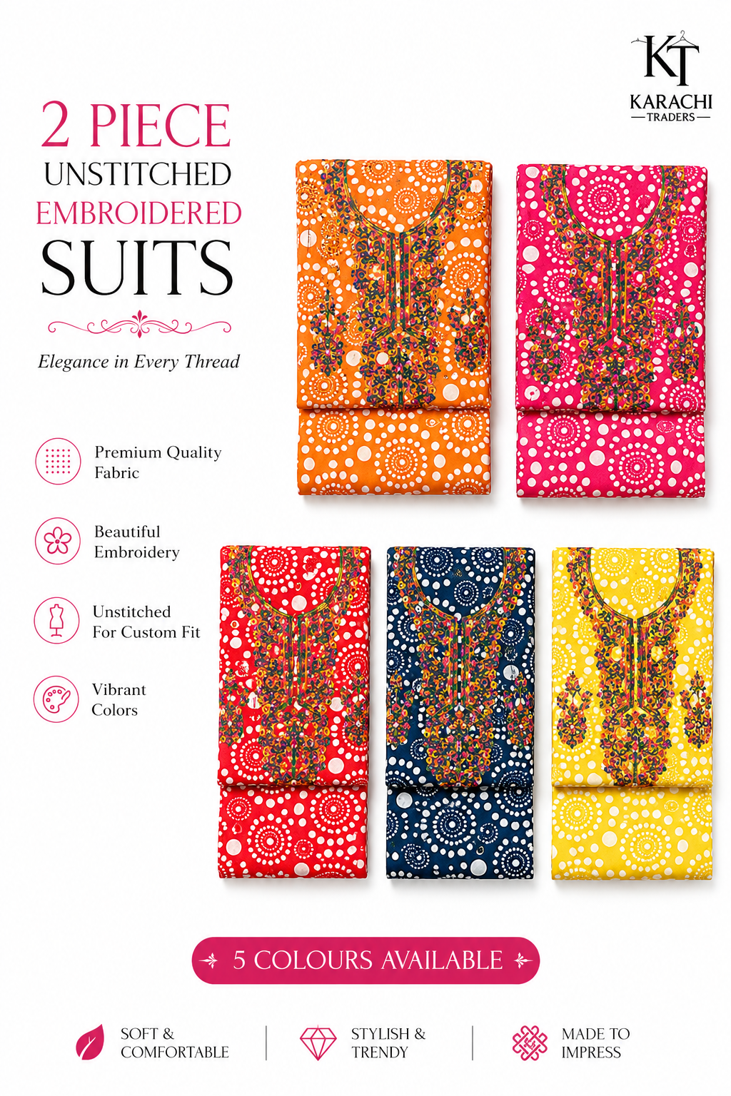 2 Piece Unstitched Embroidered Cotton Dress for Women Summer Collection Soft Printed Suit 6 Colours Available