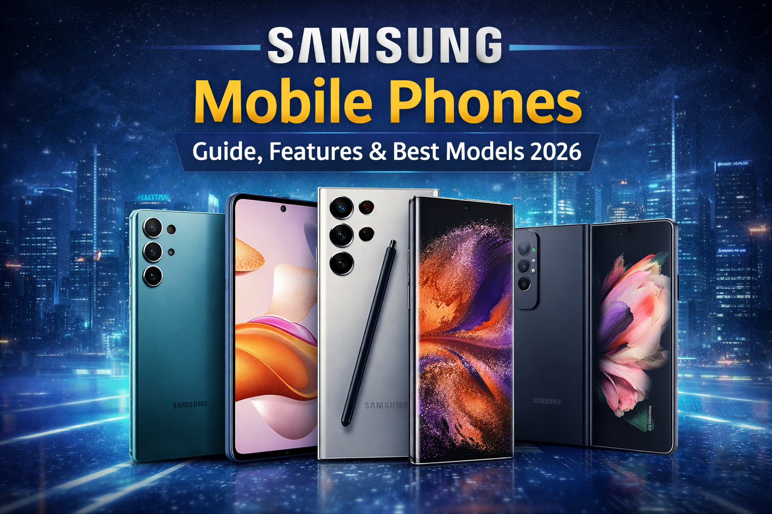 Samsung mobile phones lineup showing Galaxy S, A and Fold series with features and design comparison in 2026