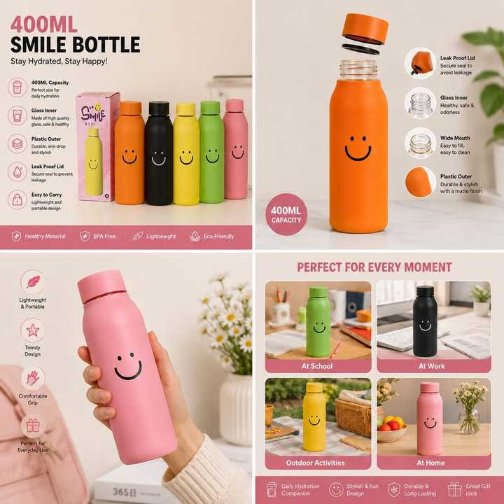 400ml Glass Insulated Smile Water Bottle | Cute Glass Drinking Bottle | Reusable Water Bottle with Cover | Random Colors
