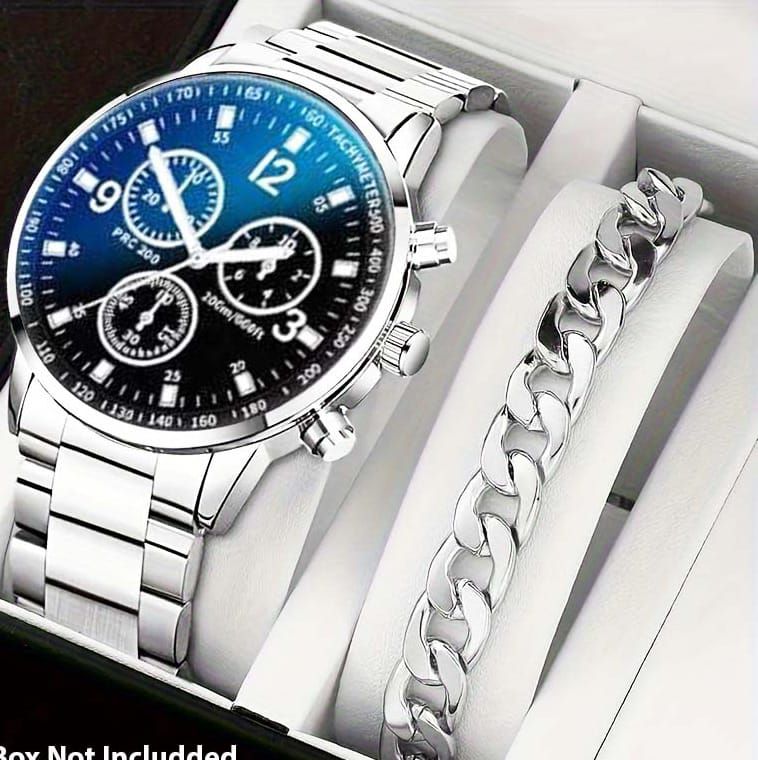 Pack Of 2 Top Fashion Men's Luxury Watches Deal   -Elegant Mens Casual Watch +Chain Braclate For Men -High Quality Business Watch  In  Random dial Design