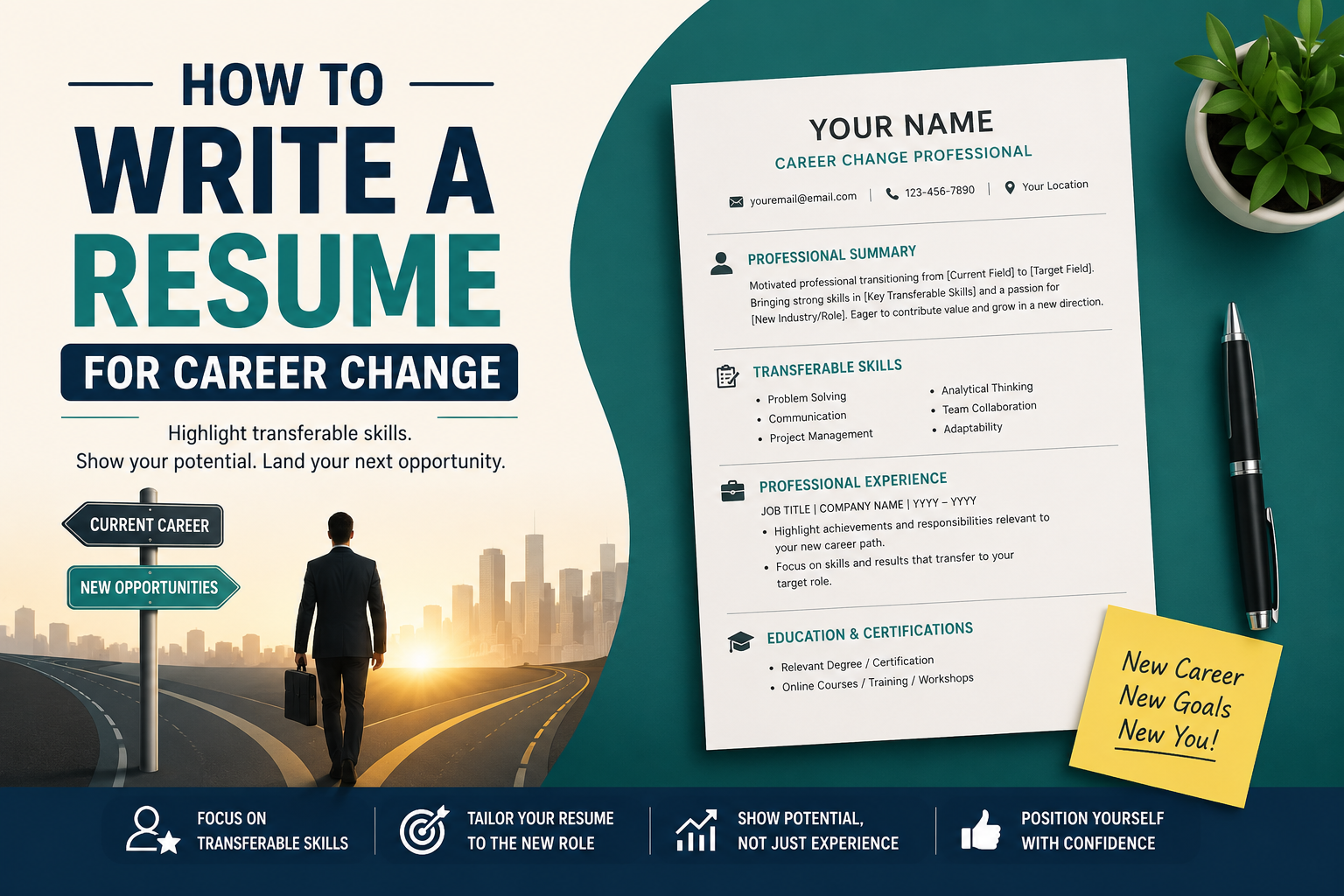 Career change resume template – visual guide showing current career to new opportunities, with sample sections for professional summary, transferable skills, professional experience, and education. Focus on transferable skills and tailoring your resume.