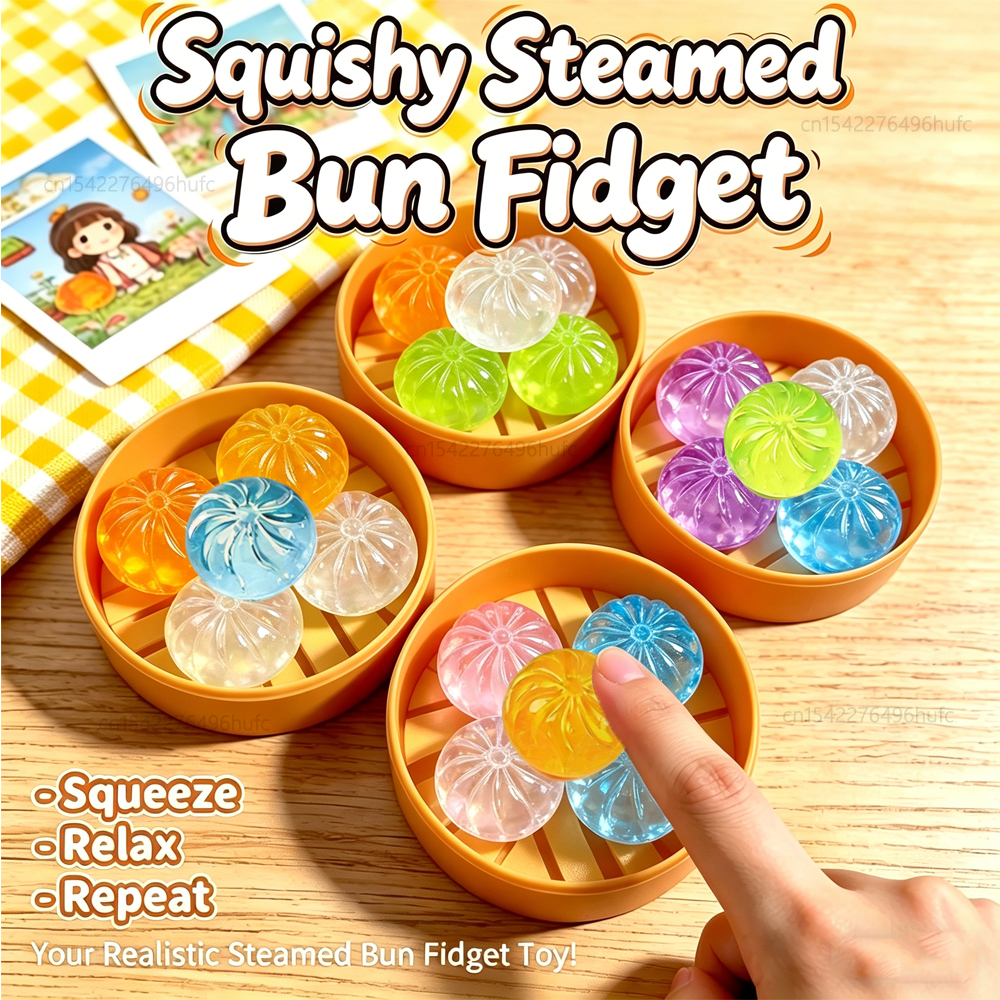 5Pcs Mini Dumplings with Steamer Bun Squeezable Toys Set Soft Stress Relief Crystal Squishy Fidget Sensory Toy Party Favors 
