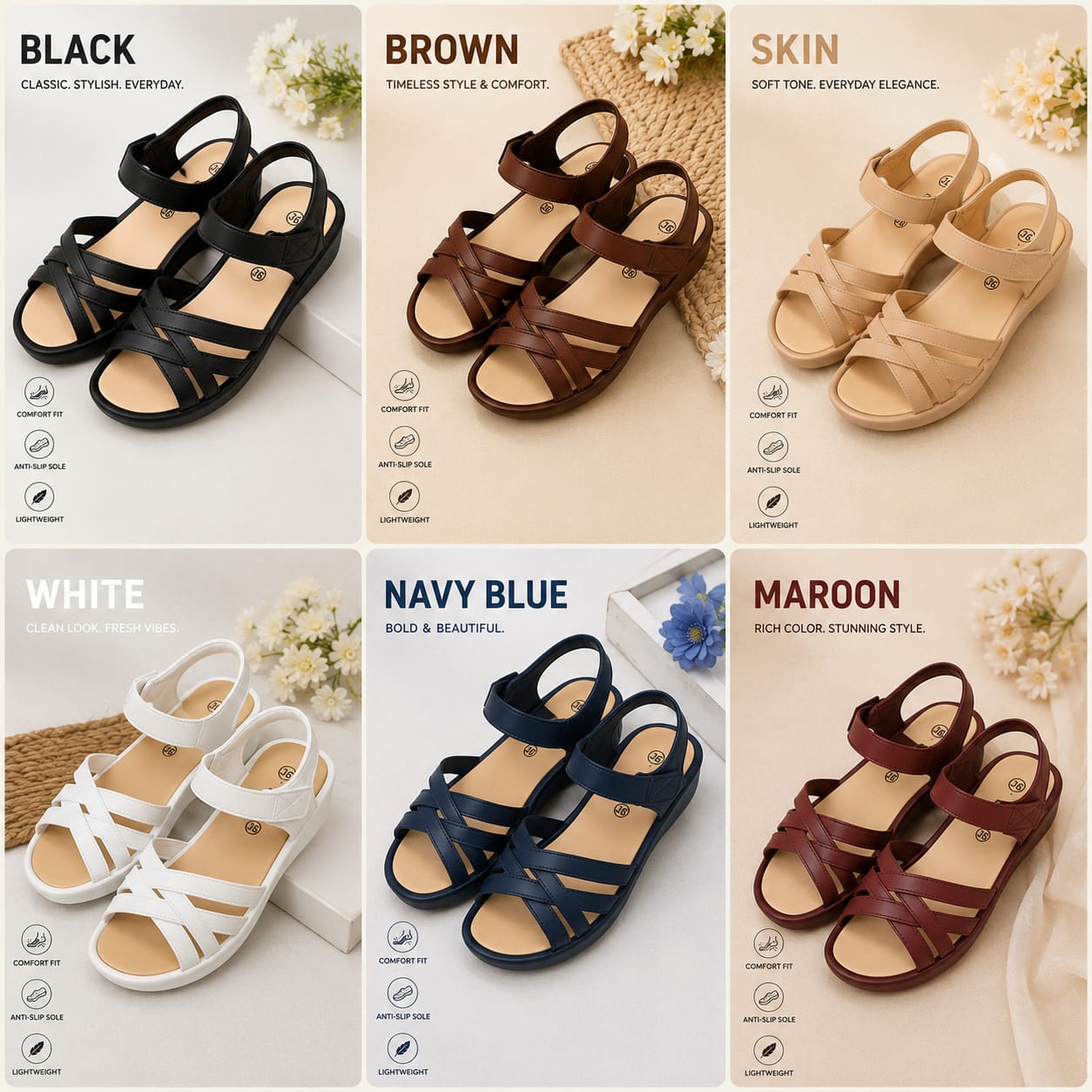 Ladies Summer Sandals | Comfortable Soft Footbed Velcro Sandals | Lightweight | Black Brown Skin